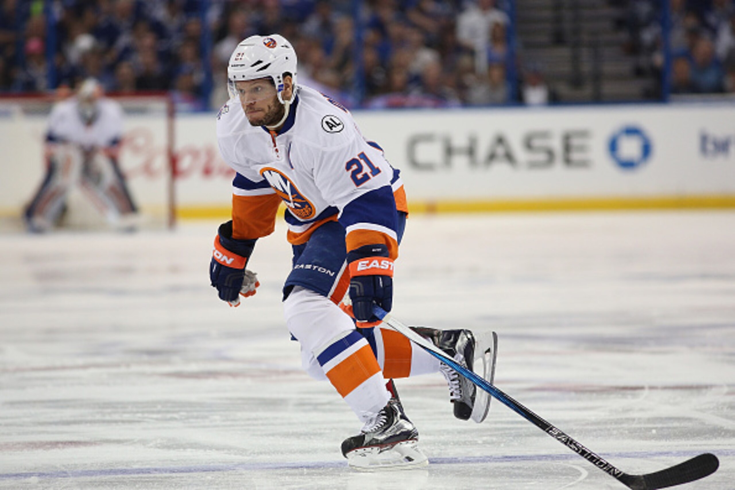 TAMPA, FL - APRIL 30:  Kyle Okposo #21 of the New York Islanders skates in Game Two of the Eastern Conference Second Round during the 2016 NHL Stanley Cup Playoffs at Amalie Arena on April 30, 2016 in Tampa, Florida. (Photo by Scott Iskowitz/Getty Images)