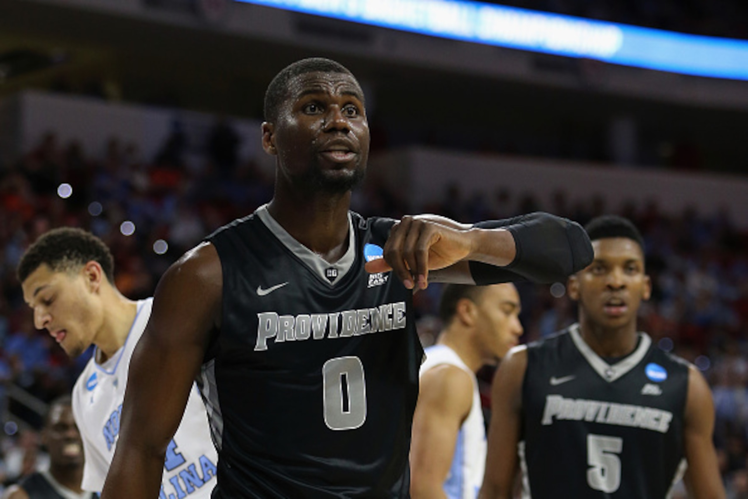 RALEIGH, NC - MARCH 19:  Ben Bentil #0 of the Providence Friars reacts against the North Carolina Tar Heels in the second half during the second round of the 2016 NCAA Men's Basketball Tournament at PNC Arena on March 19, 2016 in Raleigh, North Carolina. 