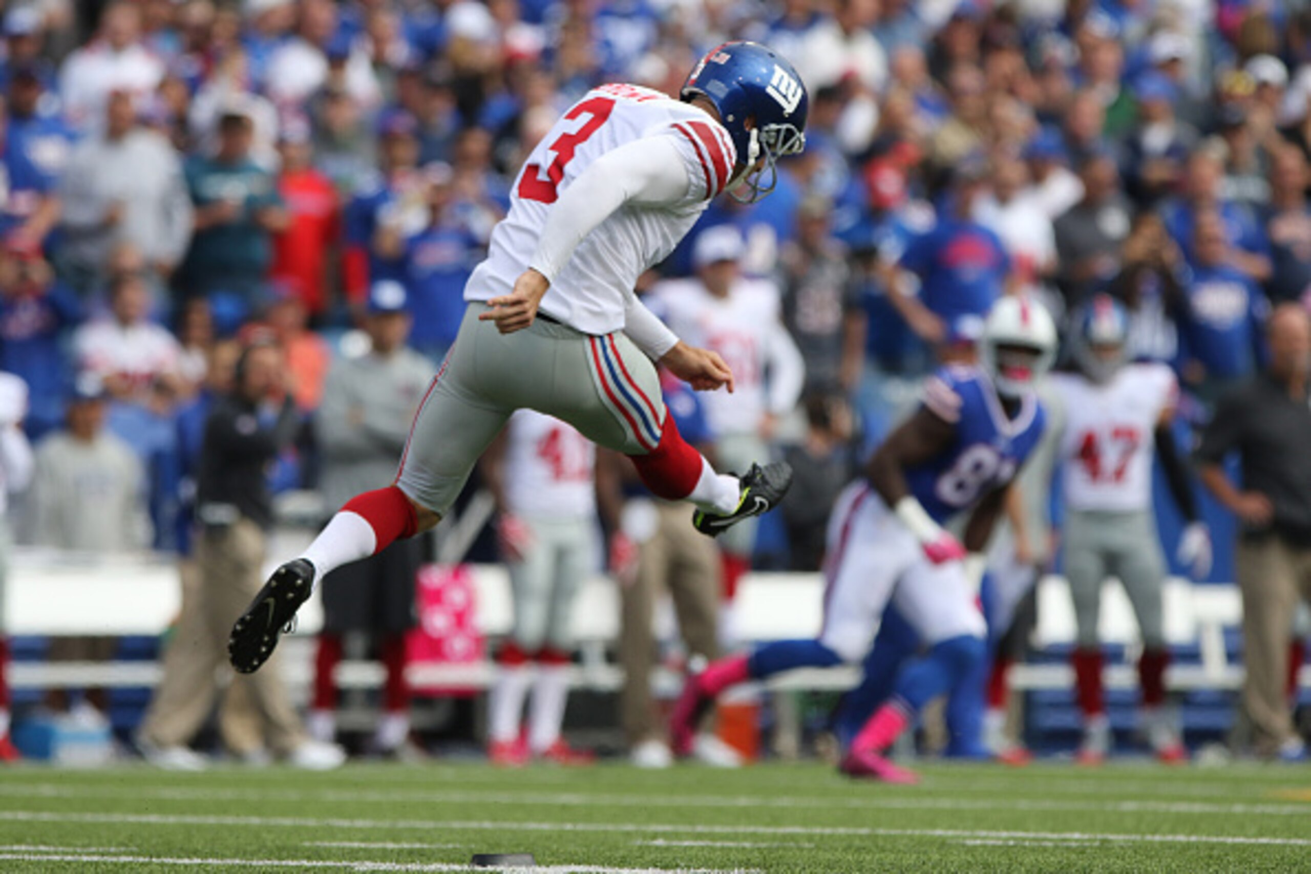 ORCHARD PARK, NY - OCTOBER 04: Josh Brown #3 of the New York Giants kicks off during the first half against the Buffalo Bills at Ralph Wilson Stadium on October 04, 2015 in Orchard Park, New York. (Photo by Jerome Davis/Getty Images)