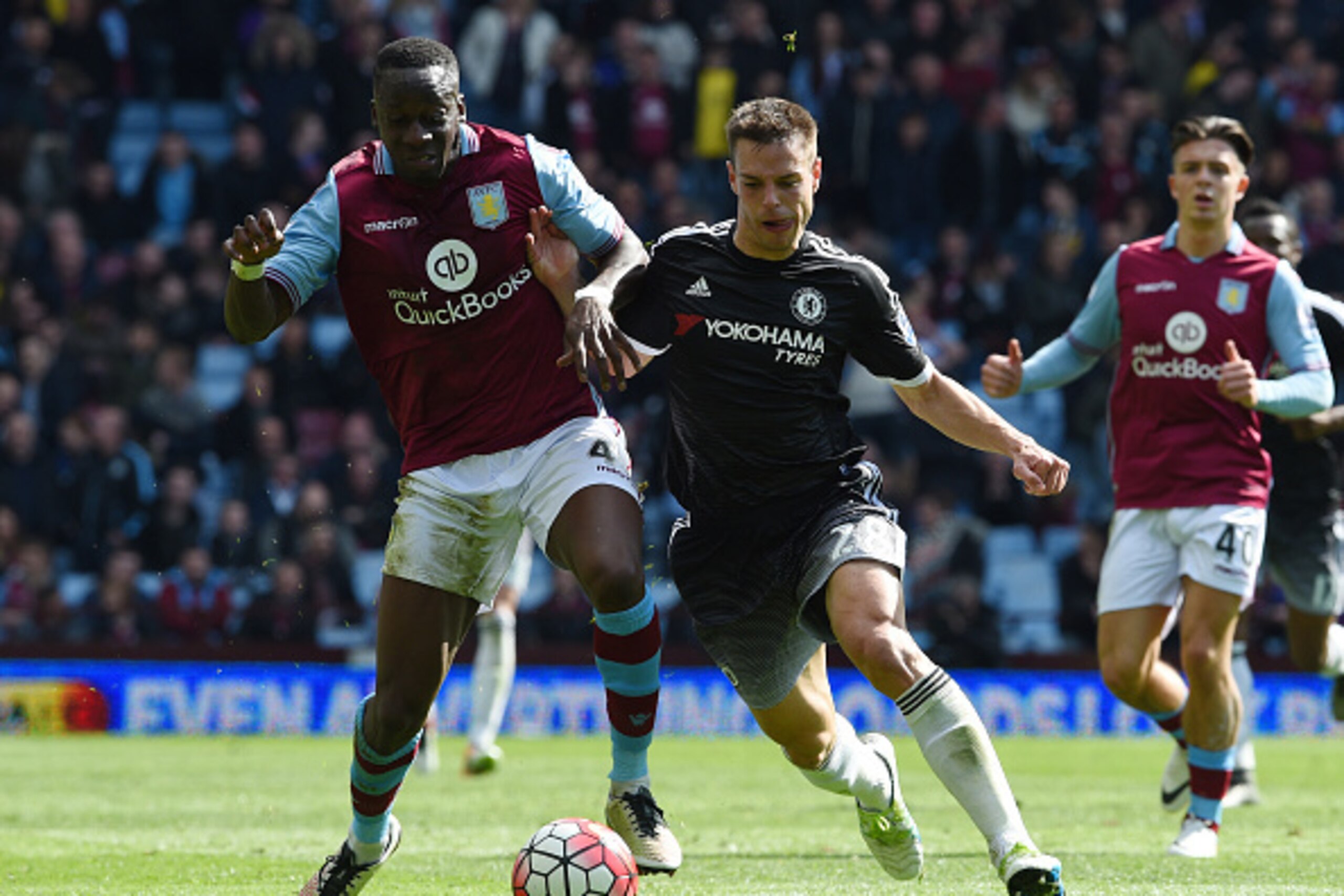 BIRMINGHAM, ENGLAND - APRIL 02: Aly Cissokho of Aston Villa and Cesar Azpilicueta of Chelsea compete for the ball during the Barclays Premier League match between Aston Villa and Chelsea at Villa Park on April 2, 2016 in Birmingham, England.  (Photo by Ro