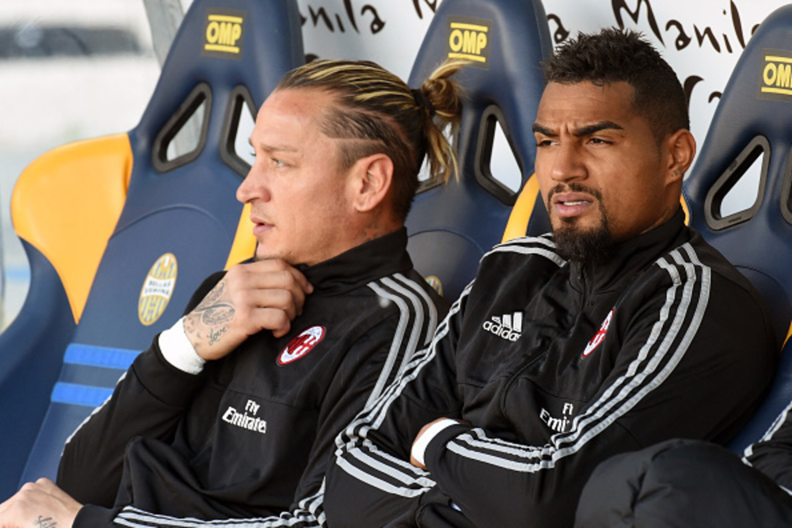 VERONA, ITALY - APRIL 25:  Philippe Mexes and Kevin Prince Boateng of AC Milan look during the Serie A match between Hellas Verona FC and AC Milan at Stadio Marc'Antonio Bentegodi on April 24, 2016 in Verona, Italy.  (Photo by Pier Marco Tacca/Getty Image