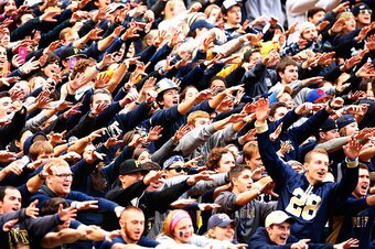 PITTSBURGH, PA - NOVEMBER 07: Pittsburgh Panthers fans sing along to 'Sweet Caroline' in the second half during the game against the Notre Dame Fighting Irish at Heinz Field on November 7, 2015 in Pittsburgh, Pennsylvania.  (Photo by Jared Wickerham/Getty