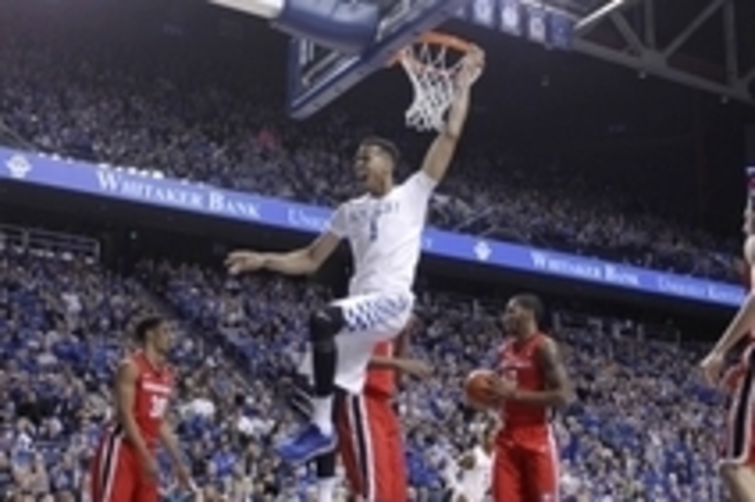 Feb 9, 2016; Lexington, KY, USA; Kentucky Wildcats forward Skal Labissiere (1) reacts after dunk the ball against the Georgia Bulldogs in the first half at Rupp Arena. Kentucky defeated Georgia 82-48. Mandatory Credit: Mark Zerof-USA TODAY Sports