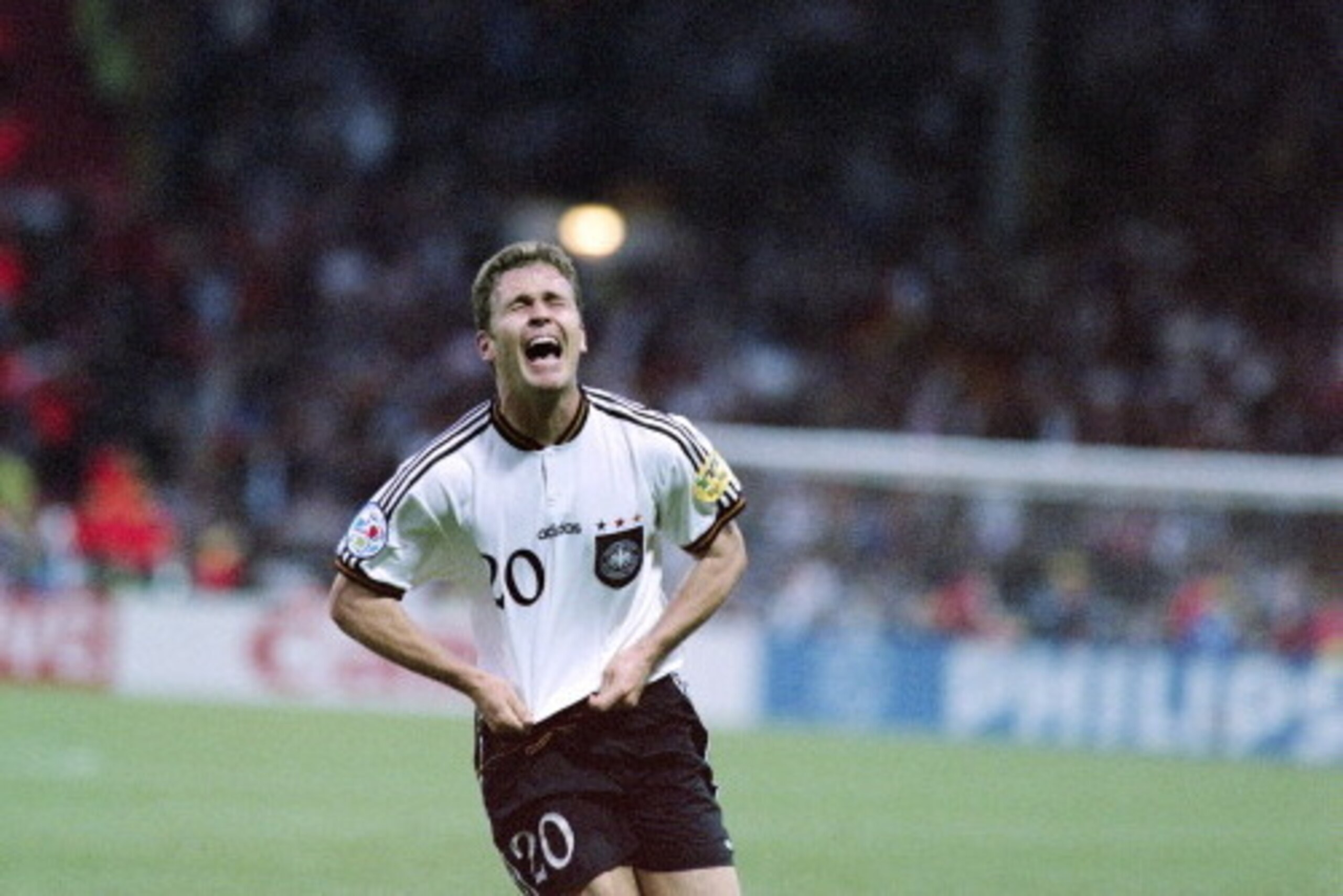 Germany'striker Oliver Bierhoff celebrates after scoring the golden second goal for his team in the Euro96 final against the Czech Republic at London's Wembley stadium on June 30, 1996. Germany won 2-1 with the first ever golden goal in international foot