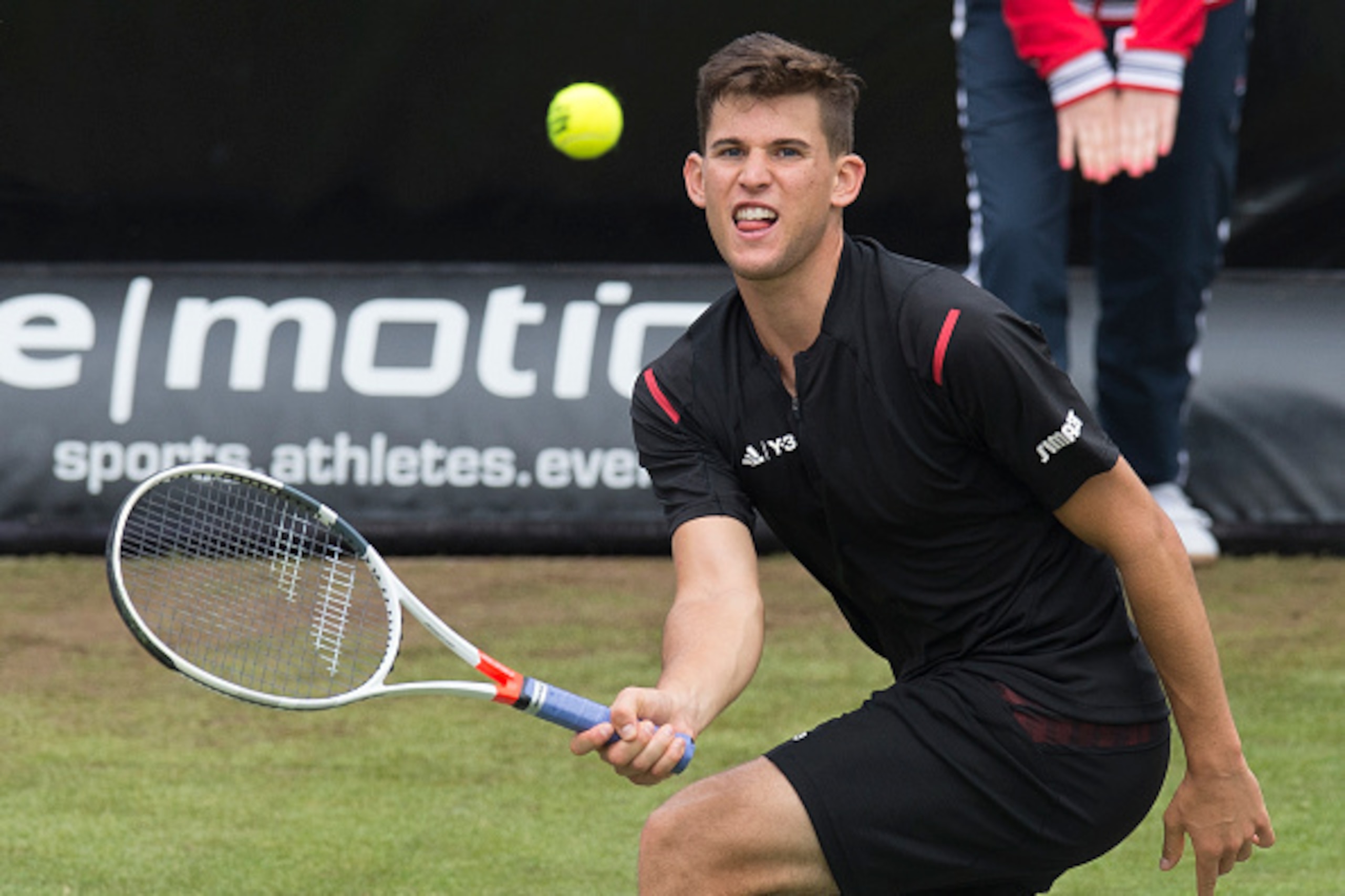 Austria's Dominic Thiem returns the ball to Australia's Sam Groth in their round of sixteen match at the ATP Mercedes Cup tennis tournament in Stuttgart, southwestern Germany, on June 9, 2016.   / AFP / THOMAS KIENZLE        (Photo credit should read THOM