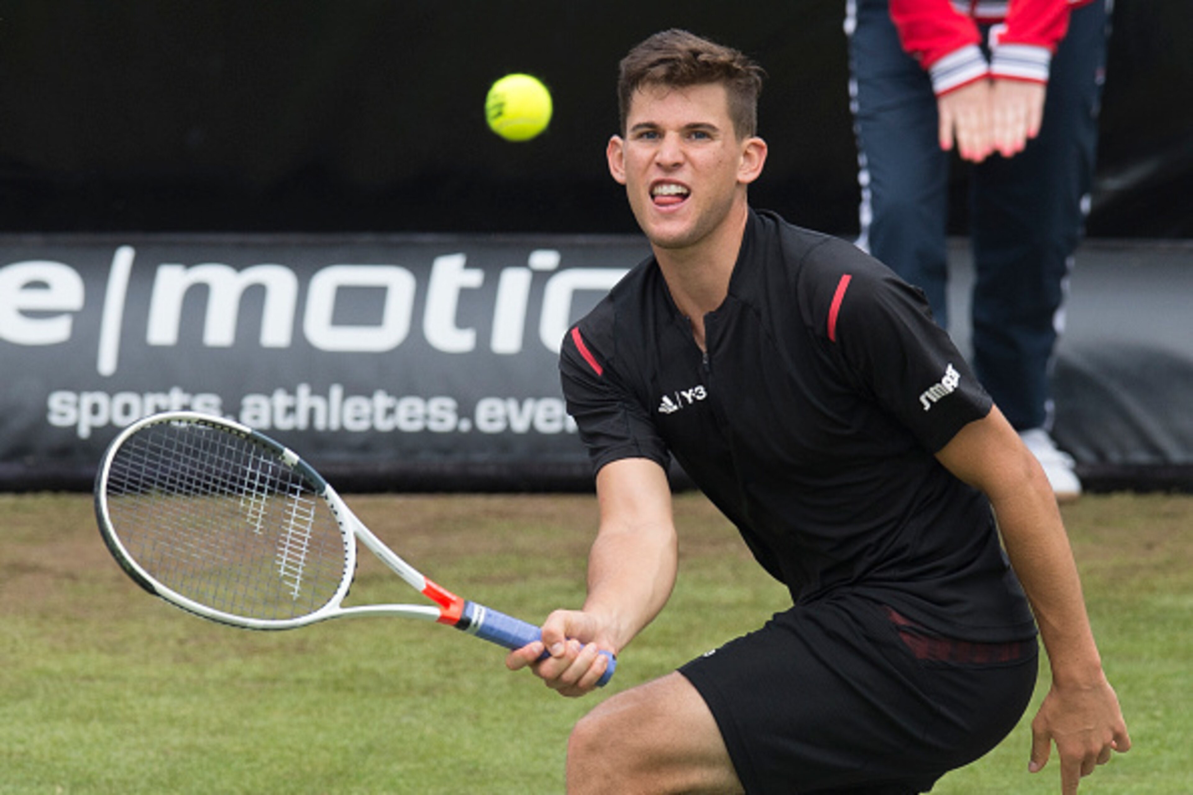 Austria's Dominic Thiem returns the ball to Australia's Sam Groth in their round of sixteen match at the ATP Mercedes Cup tennis tournament in Stuttgart, southwestern Germany, on June 9, 2016.   / AFP / THOMAS KIENZLE        (Photo credit should read THOM