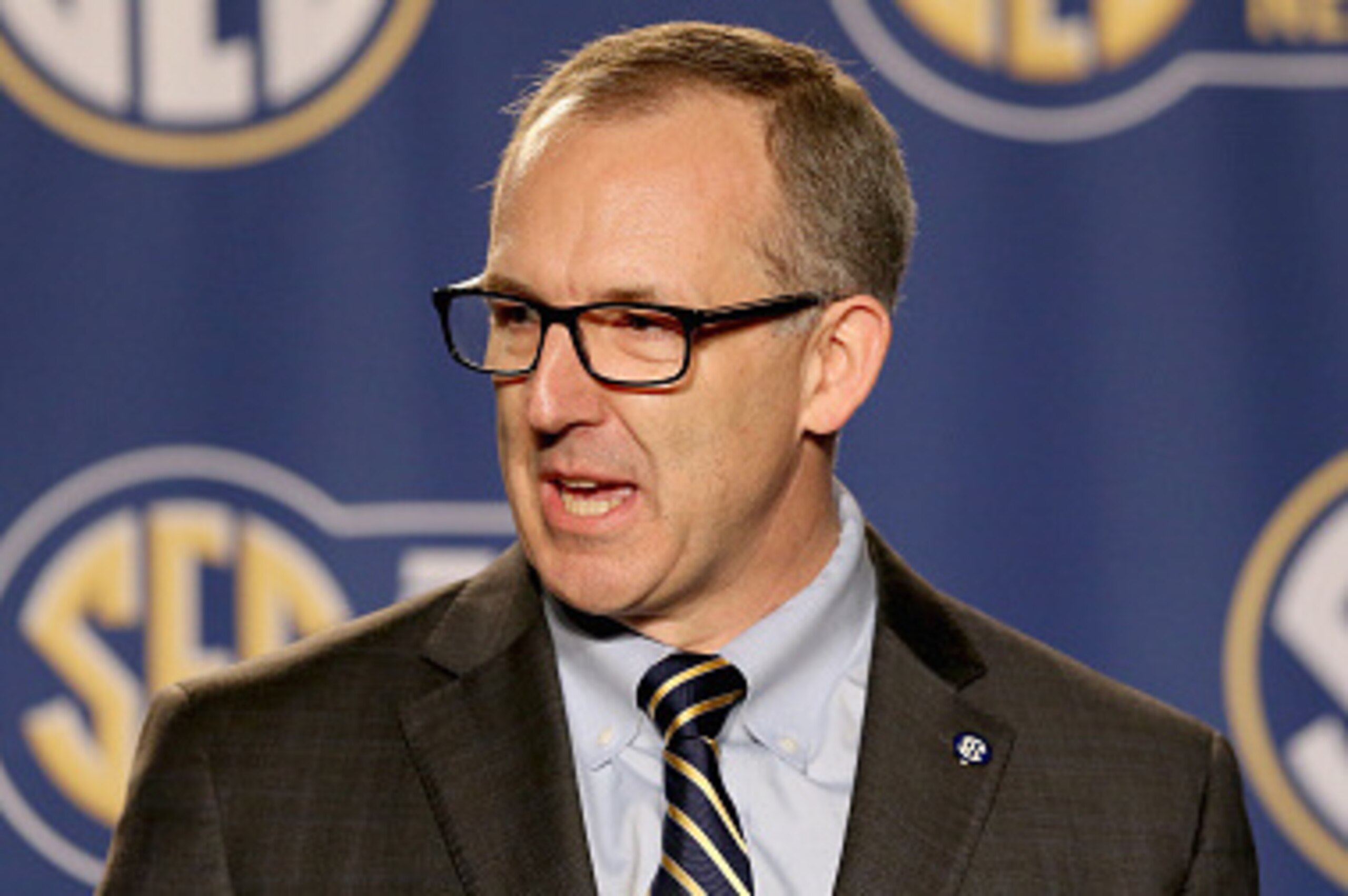NASHVILLE, TN - MARCH 13: Greg Sankey the new commissioner of the SEC talks to the media before the quaterfinals of the SEC Basketball Tournament at Bridgestone Arena on March 13, 2015 in Nashville, Tennessee. (Photo by Andy Lyons/Getty Images) NASHVILLE, TN - MARCH 13: Greg Sankey the new commissioner of the SEC talks to the media before the quaterfinals of the SEC Basketball Tournament at Bridgestone Arena on March 13, 2015 in Nashville, Tennessee. (Photo by Andy Lyons/Getty Images)