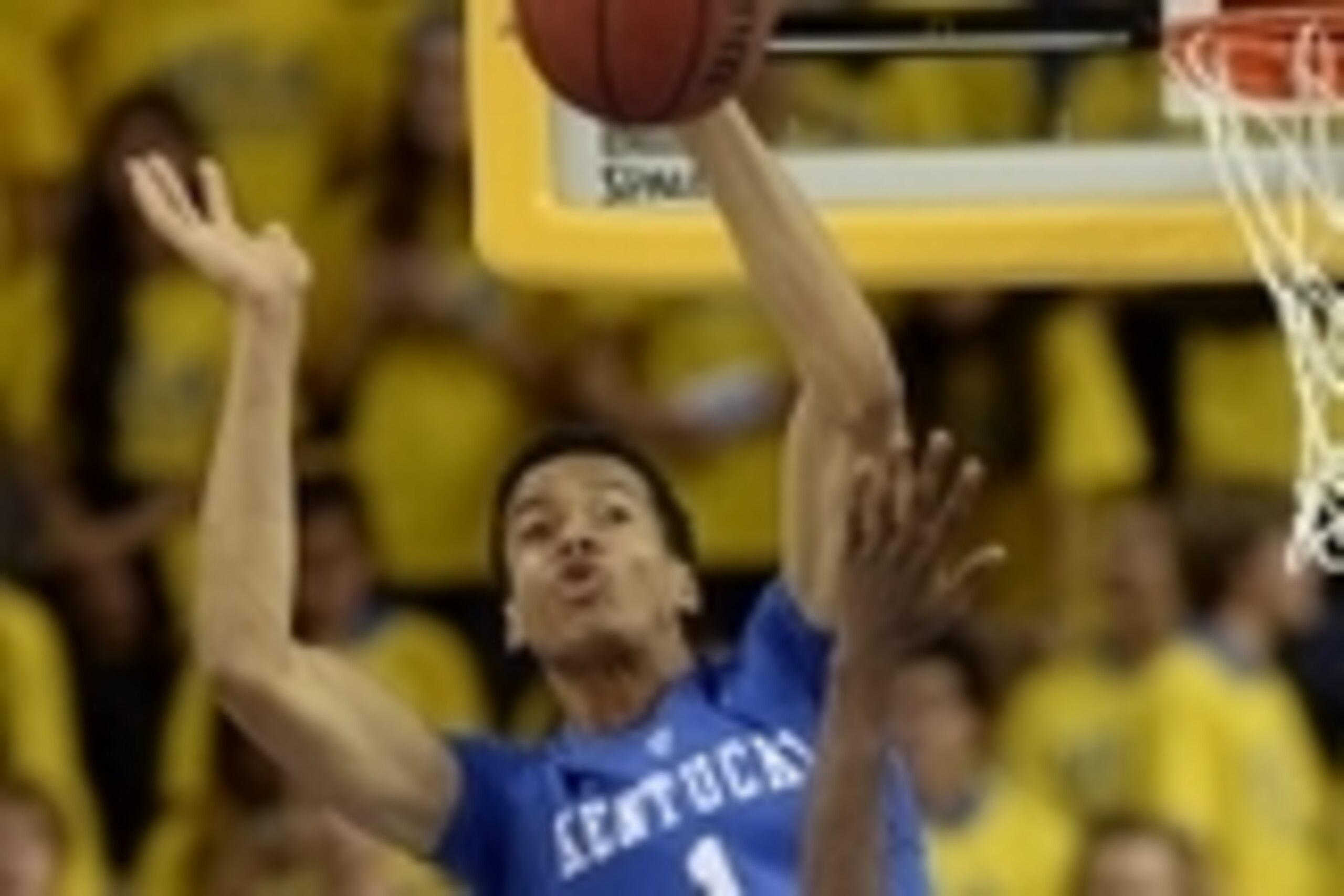 Dec 3, 2015; Los Angeles, CA, USA; Kentucky Wildcats forward Skal Labissiere (1) blocks the shot of UCLA Bruins guard Aaron Holiday (3) during the first half at Pauley Pavilion. Mandatory Credit: Richard Mackson-USA TODAY Sports