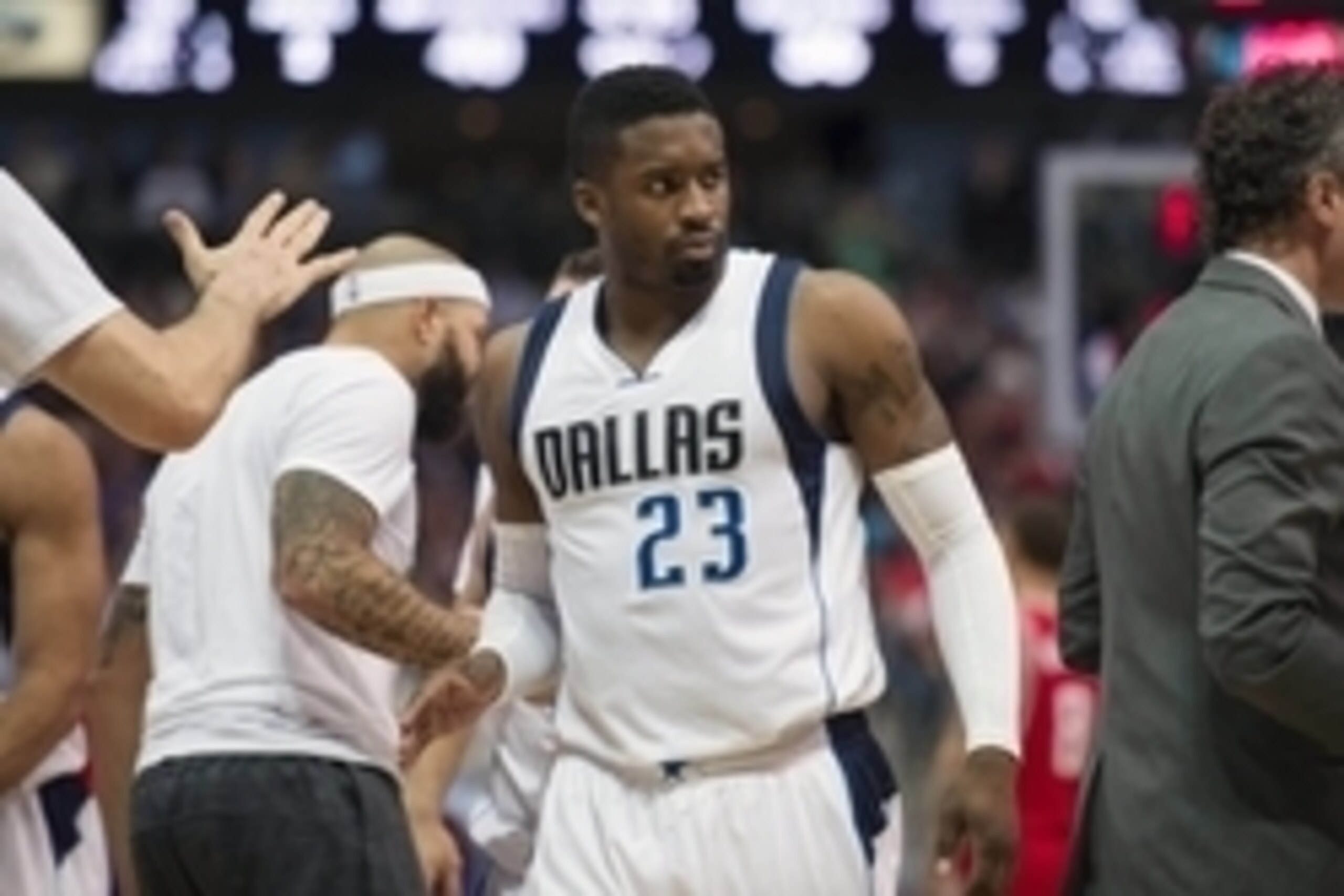 Apr 6, 2016; Dallas, TX, USA; Dallas Mavericks guard Wesley Matthews (23) comes off the court after scoring against the Houston Rockets during the first half at the American Airlines Center. Mandatory Credit: Jerome Miron-USA TODAY Sports