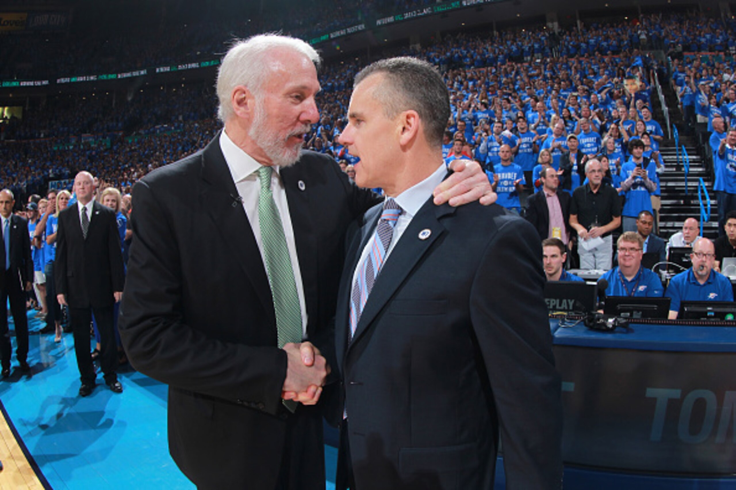 OKLAHOMA CITY, OK - MAY 12: Gregg Popovich of the San Antonio Spurs and Billy Donovan of the Oklahoma City Thunder are seen after the game in Game Six of Western Conference Quarterfinals of the 2016 NBA Playoffs on May 12, 2016 Chesapeake Energy Arena in 