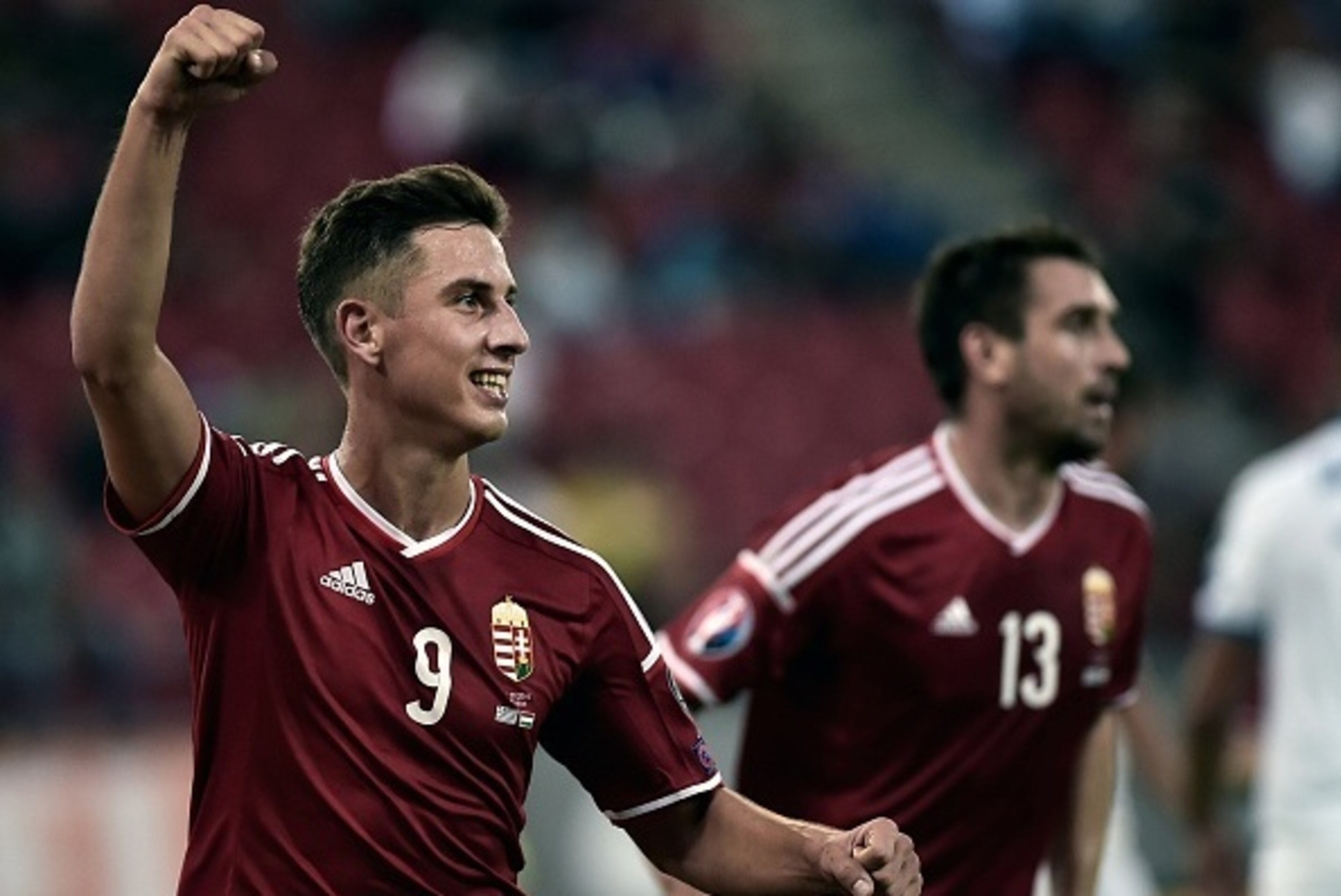 Hungary's Krisztian Nemeth celebrates after scoring a goal during the UEFA Euro 2016 qualifying Group F football match between Greece and Hungary  on October 11, 2015 at the Georgios Karaiskakis stadium in Athens. AFP PHOTO / ANGELOS TZORTZINIS        (Ph