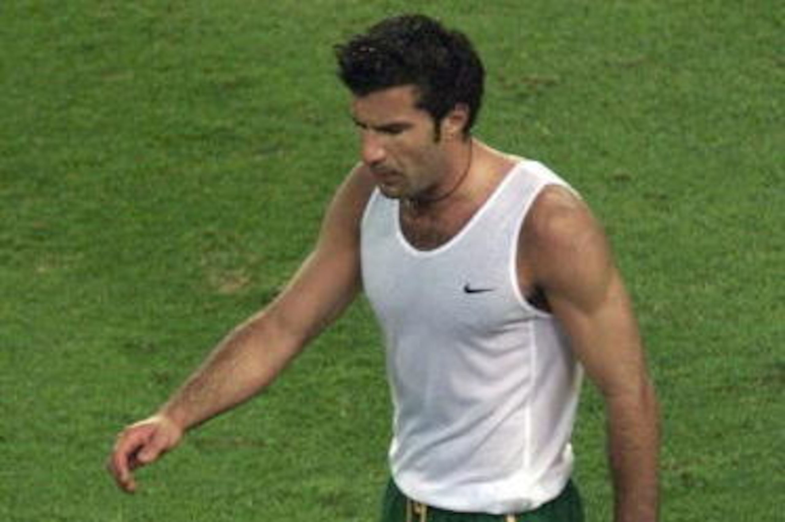 BRUSSELS, BELGIUM: Portuguese forward Luis Figo leaves the ground after the referee decided a penalty against his team during the Euro-2000 semi-final match between Portugal and France at the King Baudouin stadium 28 June 2000, in Brussels. Portugal was BRUSSELS, BELGIUM: Portuguese forward Luis Figo leaves the ground after the referee decided a penalty against his team during the Euro-2000 semi-final match between Portugal and France at the King Baudouin stadium 28 June 2000, in Brussels. Portugal was