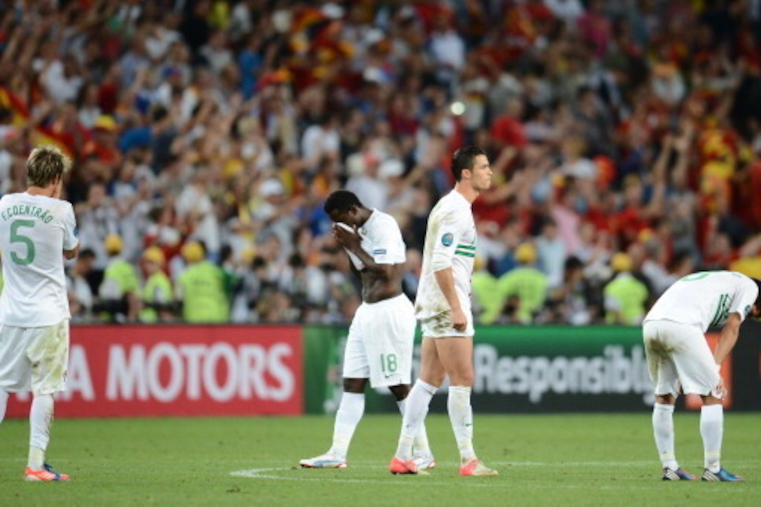 (from left) Portuguese defender Fabio Coentrao, Portuguese forward Silvestre Varela, Portuguese forward Cristiano Ronaldo and Portuguese midfielder Joao Moutinho look dejected at the end of the Euro 2012 football championships semi-final match Portugal vs (from left) Portuguese defender Fabio Coentrao, Portuguese forward Silvestre Varela, Portuguese forward Cristiano Ronaldo and Portuguese midfielder Joao Moutinho look dejected at the end of the Euro 2012 football championships semi-final match Portugal vs
