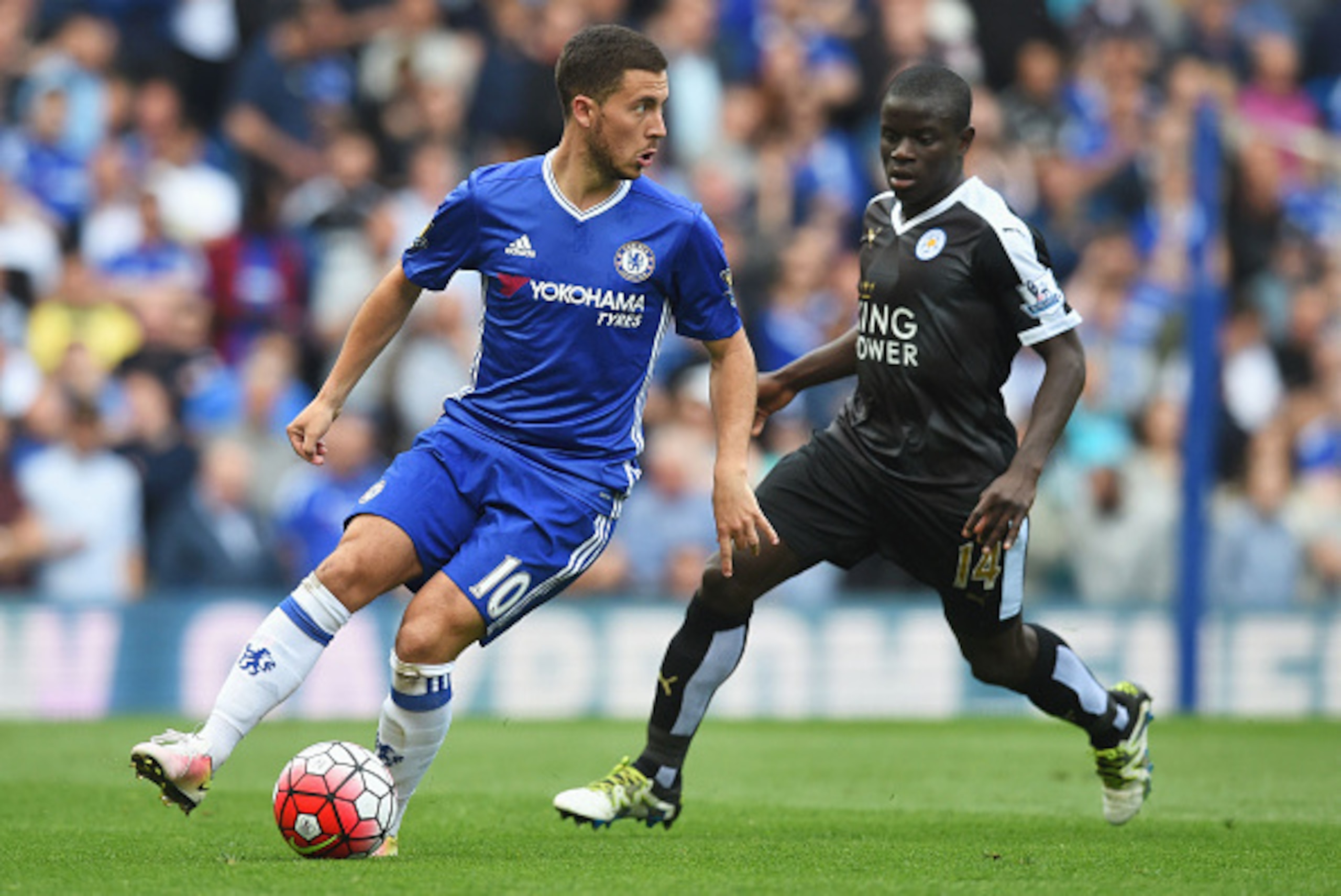 LONDON, ENGLAND - MAY 15: Eden Hazard of Chelsea is closed down by Ngolo Kante of Leicester City  during the Barclays Premier League match between Chelsea and Leicester City at Stamford Bridge on May 15, 2016 in London, England.  (Photo by Michael Regan/G