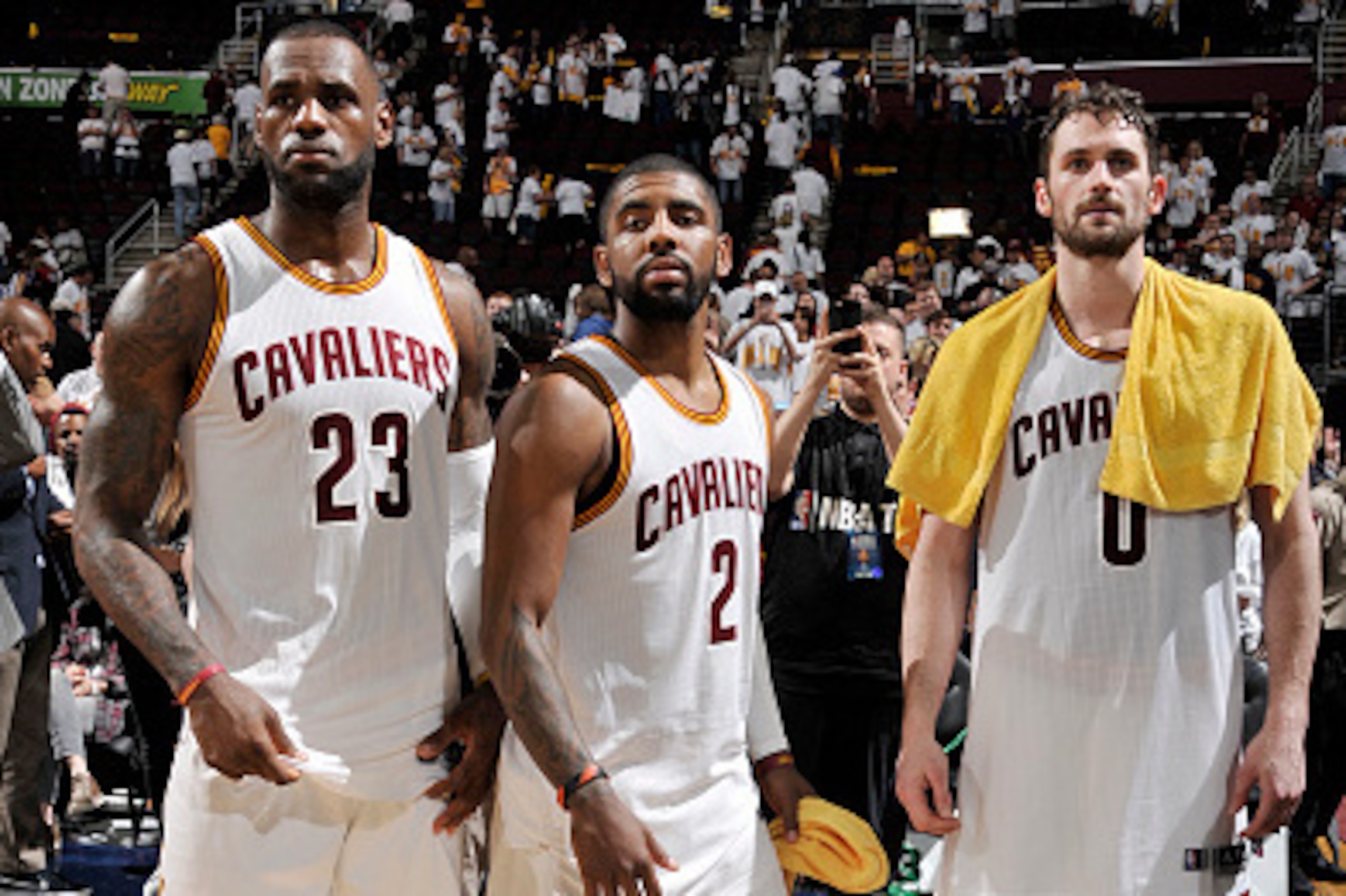 CLEVELAND, OH - APRIL 17: LeBron James #23 and Kyrie Irving #2 and Kevin Love #0 of the Cleveland Cavaliers are seen after the game against the Detroit Pistons in Game One of the Eastern Conference Quarterfinals during the 2016 NBA Playoffs at The Quicken