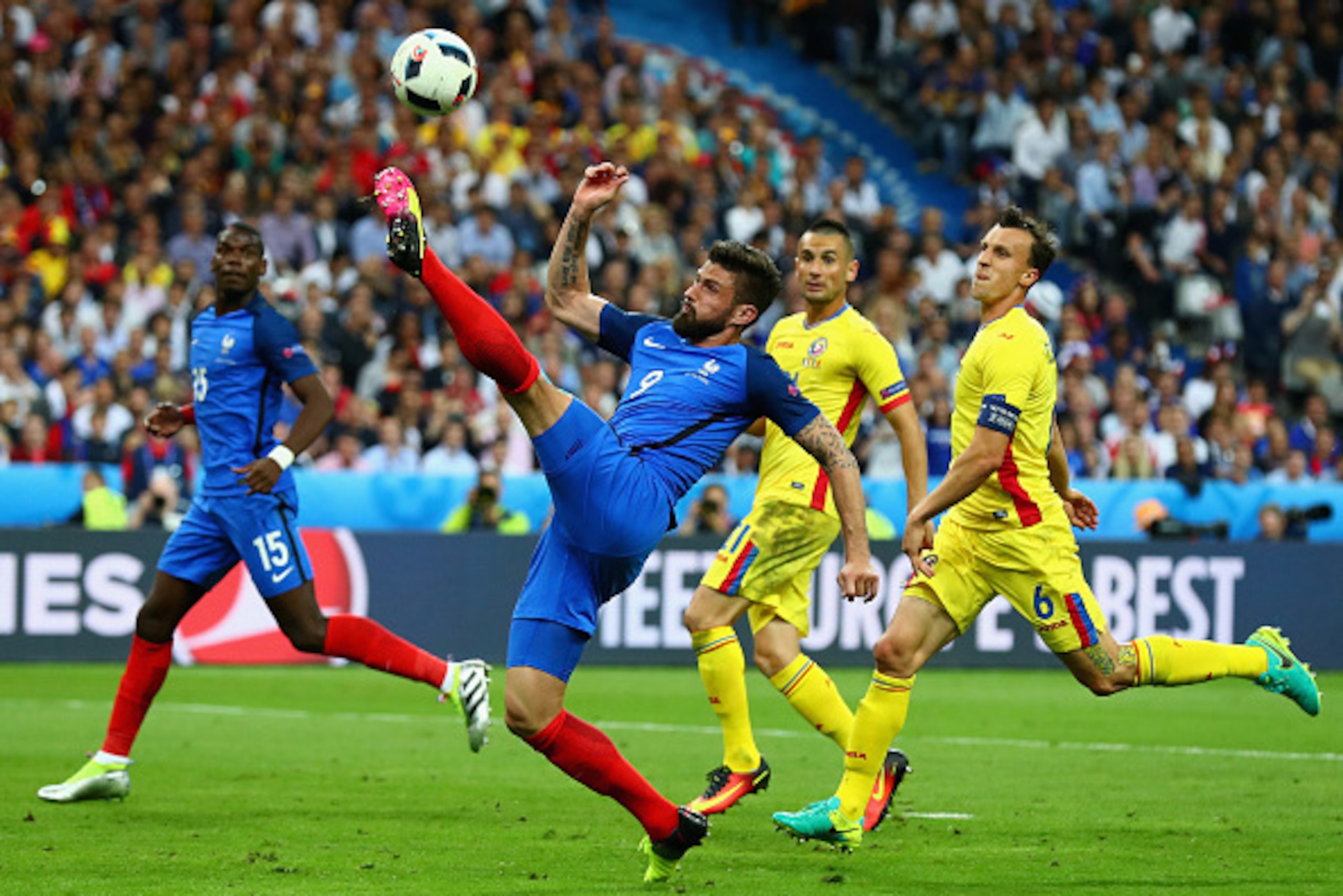 PARIS, FRANCE - JUNE 10:  Olivier Giroud of France controls the ball during the UEFA Euro 2016 Group A match between France and Romania at Stade de France on June 10, 2016 in Paris, France.  (Photo by Clive Rose/Getty Images)
