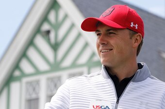 OAKMONT, PA - MAY 04:  Jordan Spieth talks to the media after after playing 18 at Oakmont Country Club on May 4, 2016 in Oakmont, Pennsylvania.  (Photo by Justin K. Aller/Getty Images)