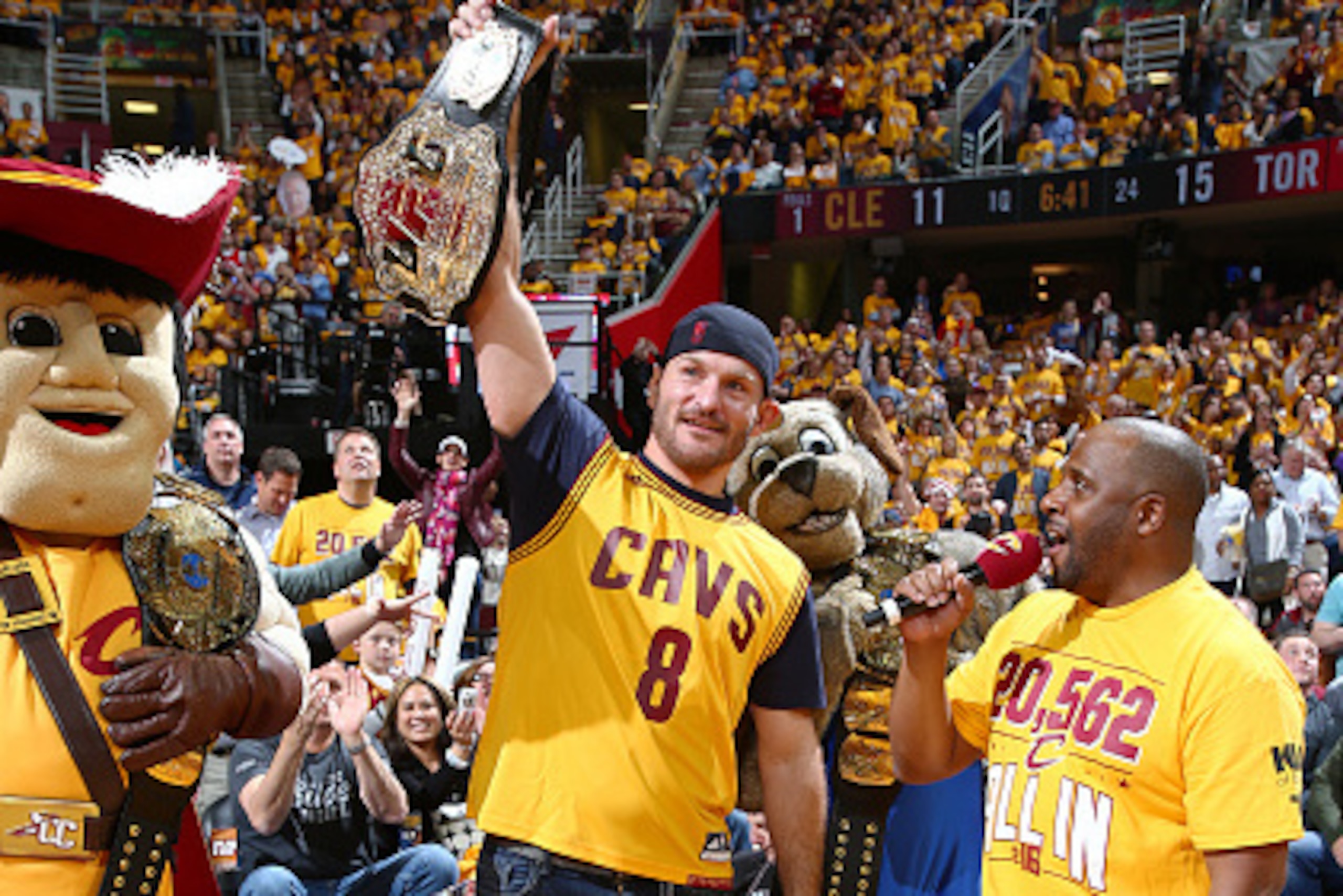 CLEVELAND, OH - MAY 17: UFC Champion Stipe Miocic is seen at the game between the Cleveland Cavaliers and the Toronto Raptors in Game One of the Eastern Conference Finals during the 2016 NBA Playoffs on May 17, 2016 at Quicken Loans Arena in Cleveland, Oh
