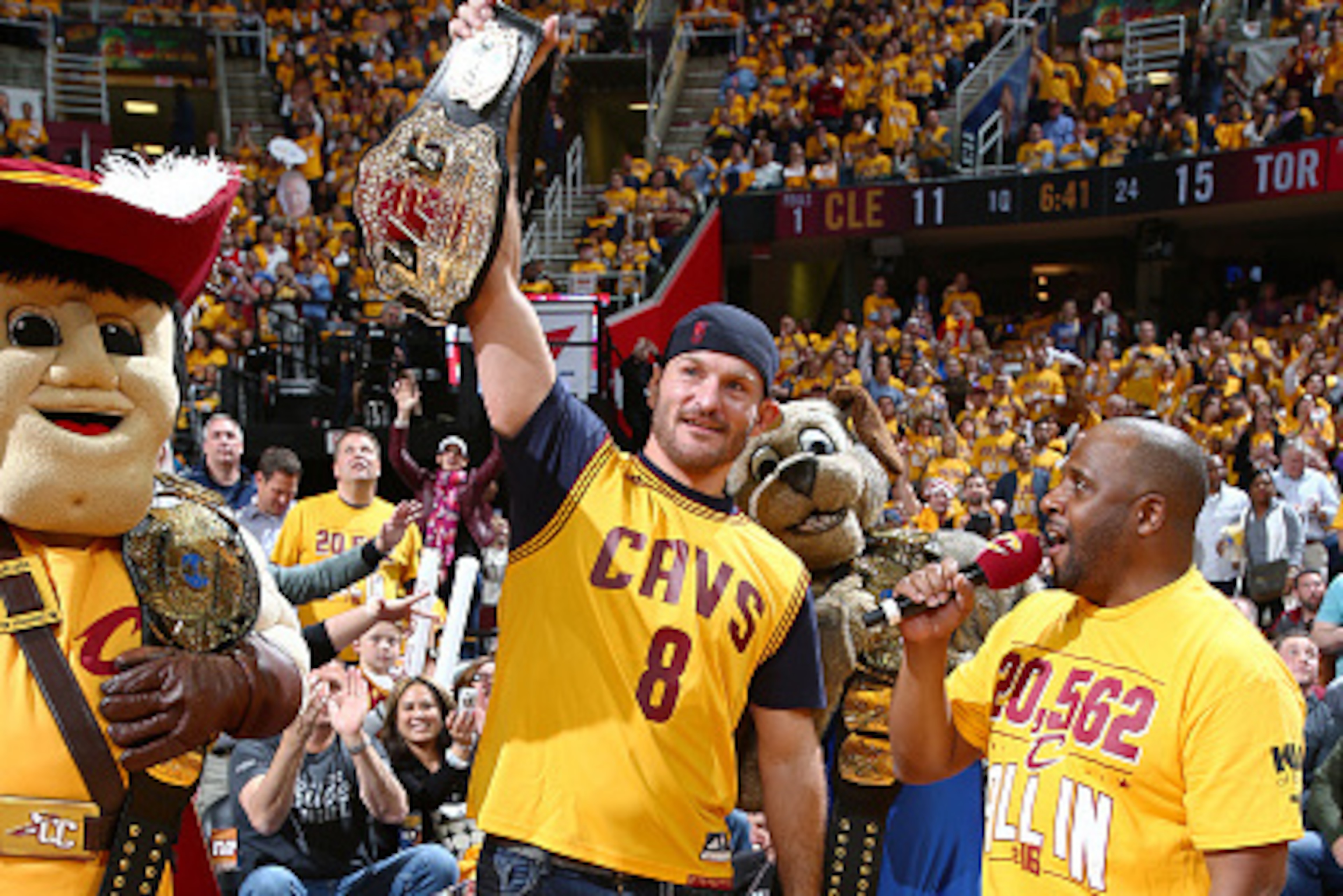 CLEVELAND, OH - MAY 17: UFC Champion Stipe Miocic is seen at the game between the Cleveland Cavaliers and the Toronto Raptors in Game One of the Eastern Conference Finals during the 2016 NBA Playoffs on May 17, 2016 at Quicken Loans Arena in Cleveland, Oh