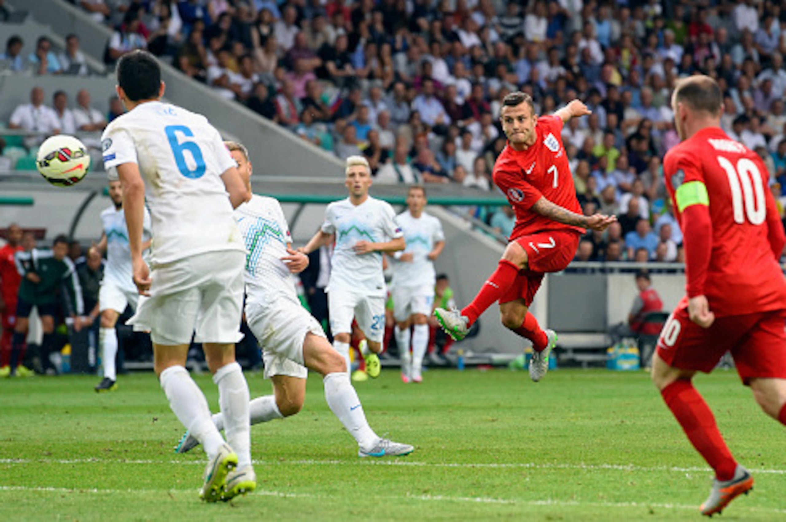 LJUBLJANA, SLOVENIA - JUNE 14:  England player Jack Wilshere scores the second England goal during the UEFA EURO 2016 Qualifier between Slovenia and England on at the Stozice Arena on June 14, 2015 in Ljubljana, Slovenia.  (Photo by Stu Forster/Getty Imag