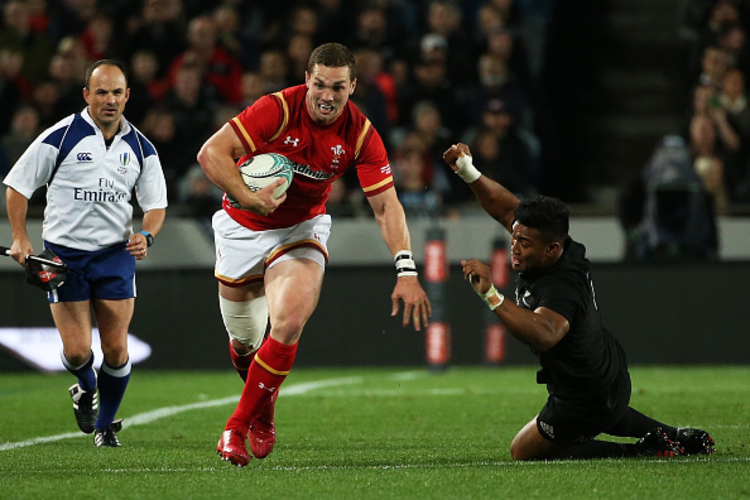 AUCKLAND, NEW ZEALAND - JUNE 11: George North of Wales (R) is tackled by Malakai Fekitoa of the All Blacks (L) during the International Test match between the New Zealand All Blacks and Wales at Eden Park on June 11, 2016 in Auckland, New Zealand. (Phot AUCKLAND, NEW ZEALAND - JUNE 11: George North of Wales (R) is tackled by Malakai Fekitoa of the All Blacks (L) during the International Test match between the New Zealand All Blacks and Wales at Eden Park on June 11, 2016 in Auckland, New Zealand. (Phot