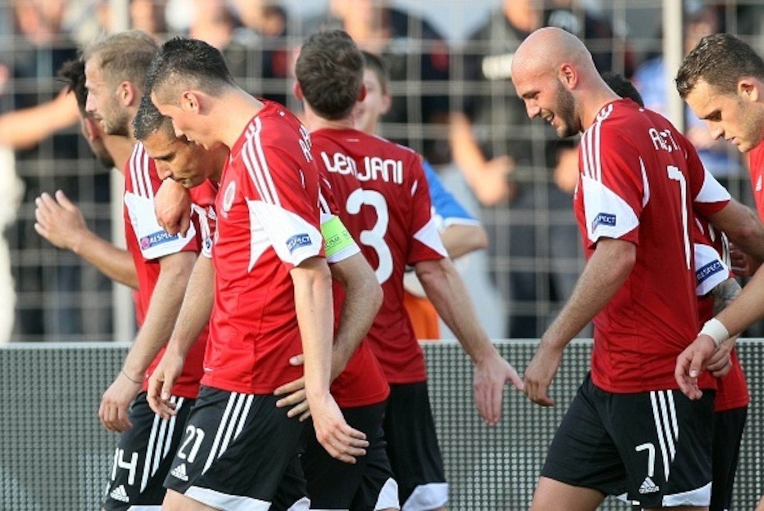 Albania's players celebrate after scoring a goal during a friendly football match between Albania and France on June 13, 2015 at the Qemal Stafa stadium in Elbasan. AFP PHOTO / GENT SHKULLAKU        (Photo credit should read GENT SHKULLAKU/AFP/Getty Image