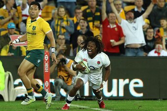 BRISBANE, AUSTRALIA - JUNE 11: Marland Yarde of England celebrates after scoring their second try during the International Test match between the Australian Wallabies and England at Suncorp Stadium on June 11, 2016 in Brisbane, Australia.  (Photo by David