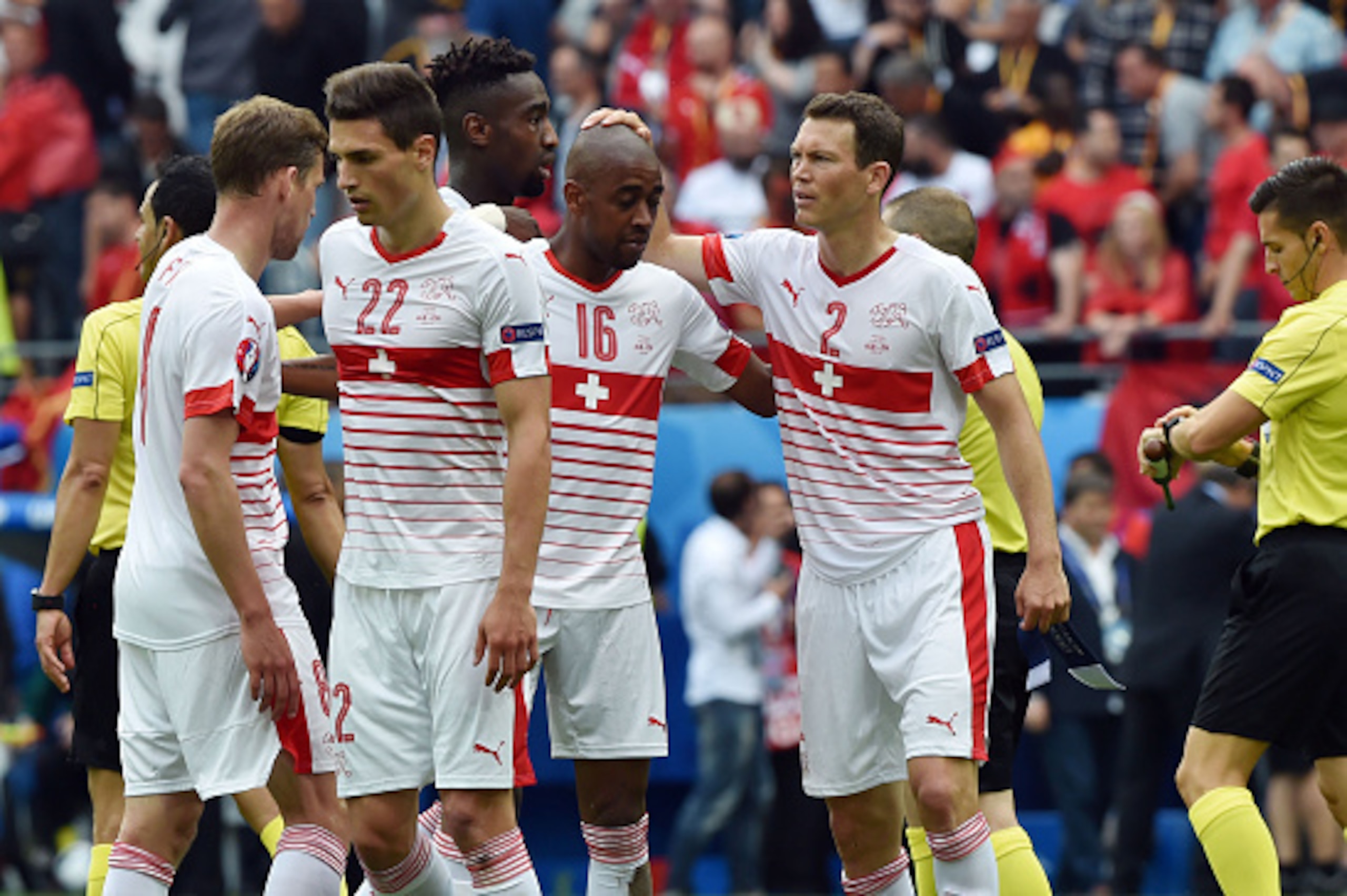 Switzerland's players celebrate after the Euro 2016 group A football match between Albania and Switzerland at the Bollaert-Delelis Stadium in Lens on June 11, 2016.
Switzerland won the match 0-1. / AFP / PHILIPPE HUGUEN (Photo credit should read PH Switzerland's players celebrate after the Euro 2016 group A football match between Albania and Switzerland at the Bollaert-Delelis Stadium in Lens on June 11, 2016.
Switzerland won the match 0-1. / AFP / PHILIPPE HUGUEN (Photo credit should read PH