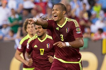 PHILADELPHIA, PA - JUNE 09: Salomon Rondon #9 of Venezuela reacts after his goal along with Josef Martinez #17 against Uruguay during the 2016 Copa America Centenario Group C match at Lincoln Financial Field on June 9, 2016 in Philadelphia, Pennsylvania. 