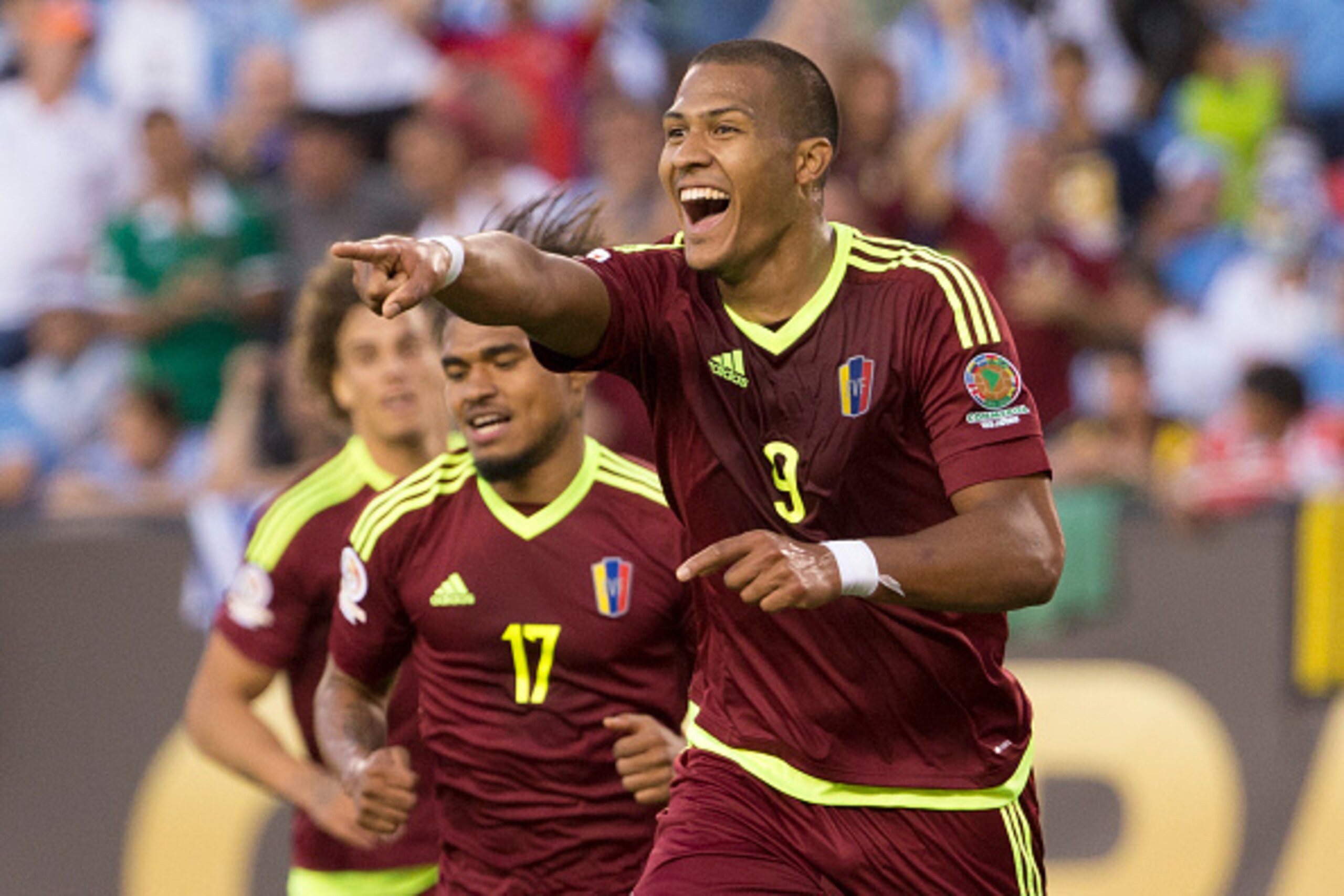 PHILADELPHIA, PA - JUNE 09: Salomon Rondon #9 of Venezuela reacts after his goal along with Josef Martinez #17 against Uruguay during the 2016 Copa America Centenario Group C match at Lincoln Financial Field on June 9, 2016 in Philadelphia, Pennsylvania. 