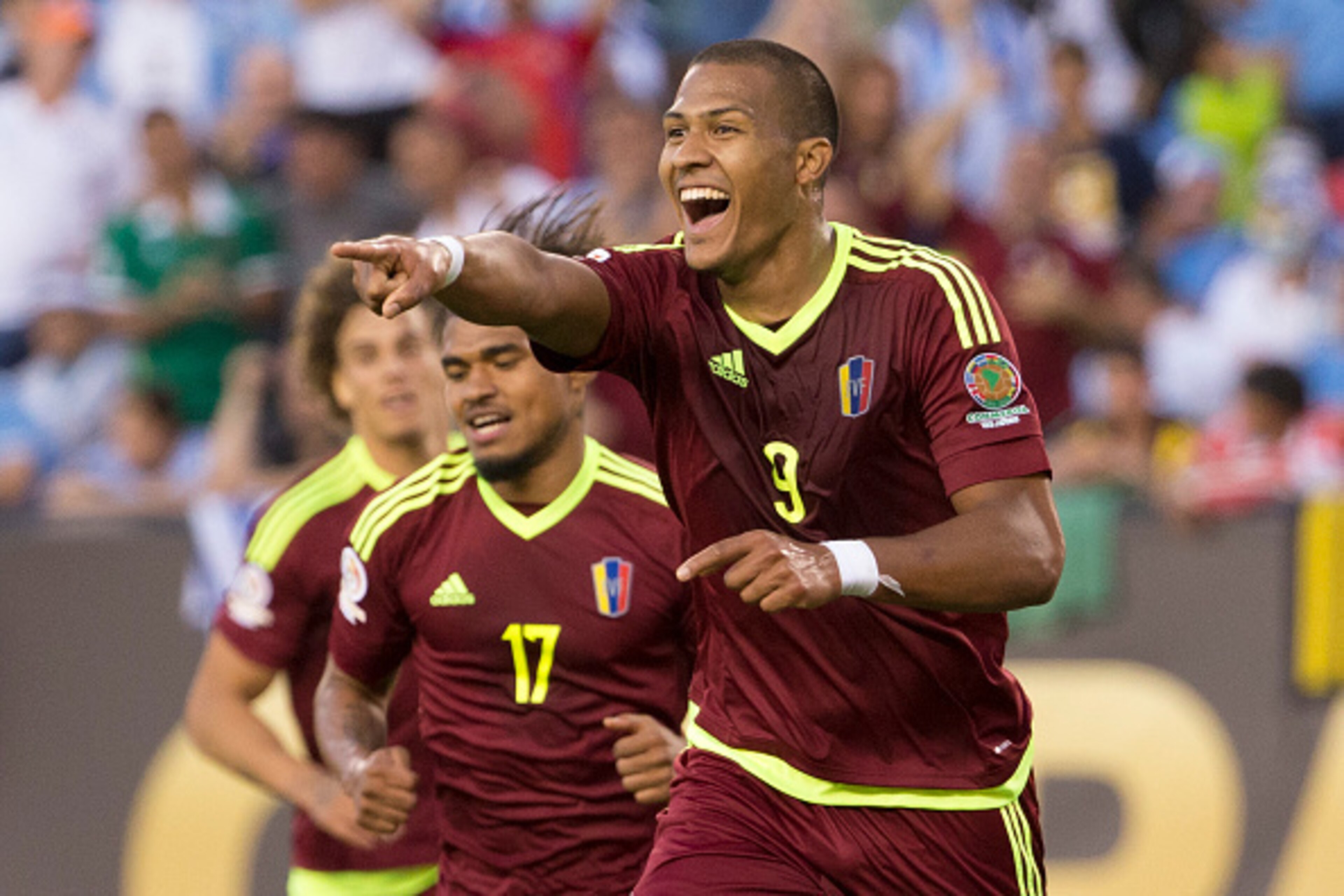 PHILADELPHIA, PA - JUNE 09: Salomon Rondon #9 of Venezuela reacts after his goal along with Josef Martinez #17 against Uruguay during the 2016 Copa America Centenario Group C match at Lincoln Financial Field on June 9, 2016 in Philadelphia, Pennsylvania. PHILADELPHIA, PA - JUNE 09: Salomon Rondon #9 of Venezuela reacts after his goal along with Josef Martinez #17 against Uruguay during the 2016 Copa America Centenario Group C match at Lincoln Financial Field on June 9, 2016 in Philadelphia, Pennsylvania.
