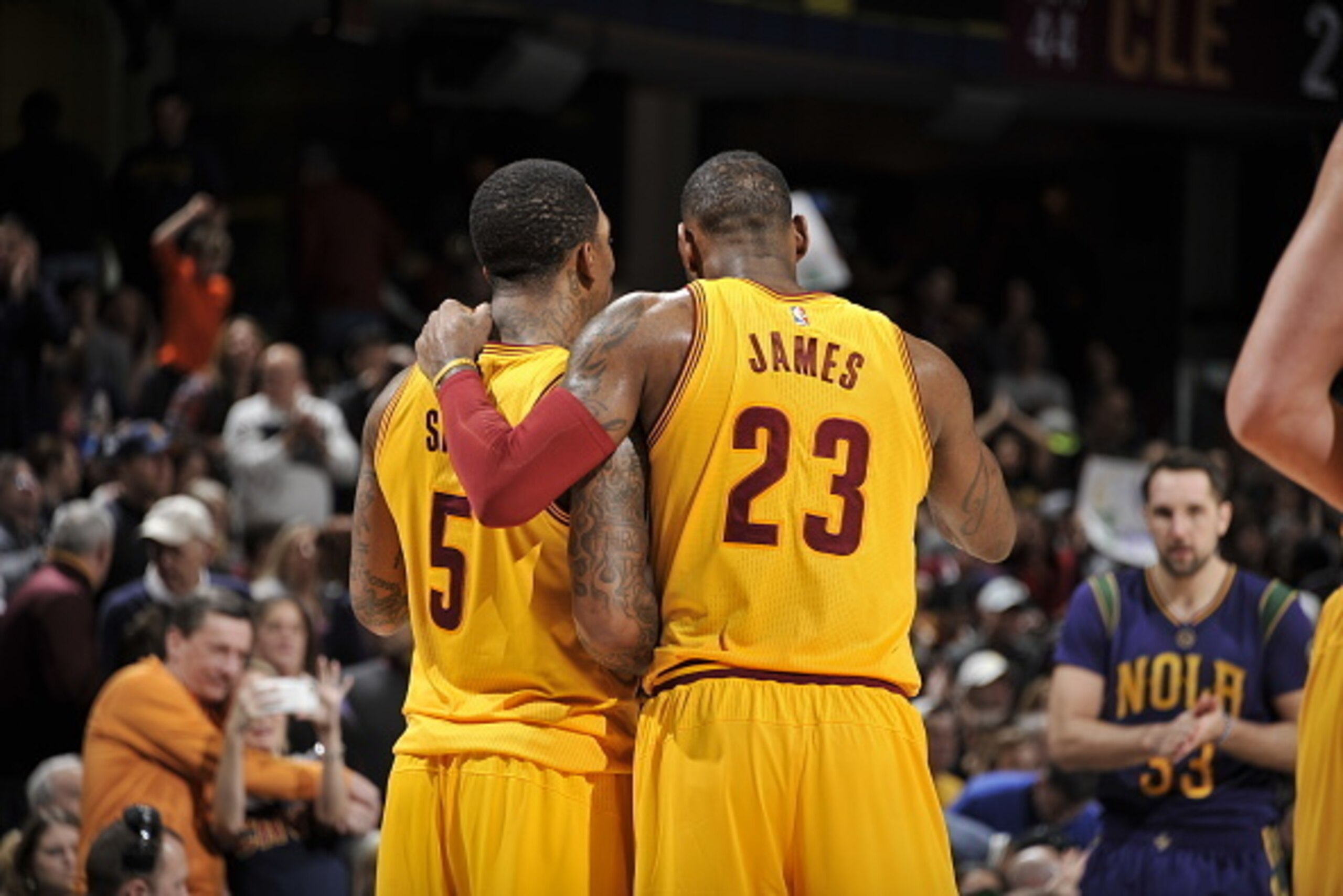 CLEVELAND, OH - FEBRUARY 6:  J.R. Smith #5 of the Cleveland Cavaliers and LeBron James #23 of the Cleveland Cavaliers during the game against the New Orleans Pelicans on February 6, 2016 at Quicken Loans Arena in Cleveland, Ohio. NOTE TO USER: User expres