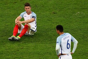 MARSEILLE, FRANCE - JUNE 11: Gary Cahill (L) and Chris Smalling (R) of England  show their dejection after the UEFA EURO 2016 Group B match between England and Russia at Stade Velodrome on June 11, 2016 in Marseille, France.  (Photo by Michael Steele/Gett