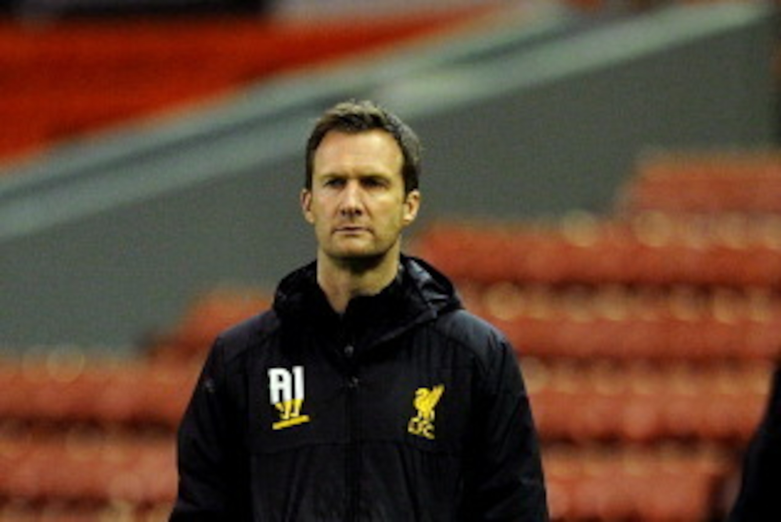 LIVERPOOL, ENGLAND - MAY 02: Liverpool manager Alex Inglethorpe looks on from the touchline during the Barclays U21 Premier League Semi Final match between Liverpool and Manchester United at Anfield on May 02, 2014 in Liverpool, England. (Photo by Chris B