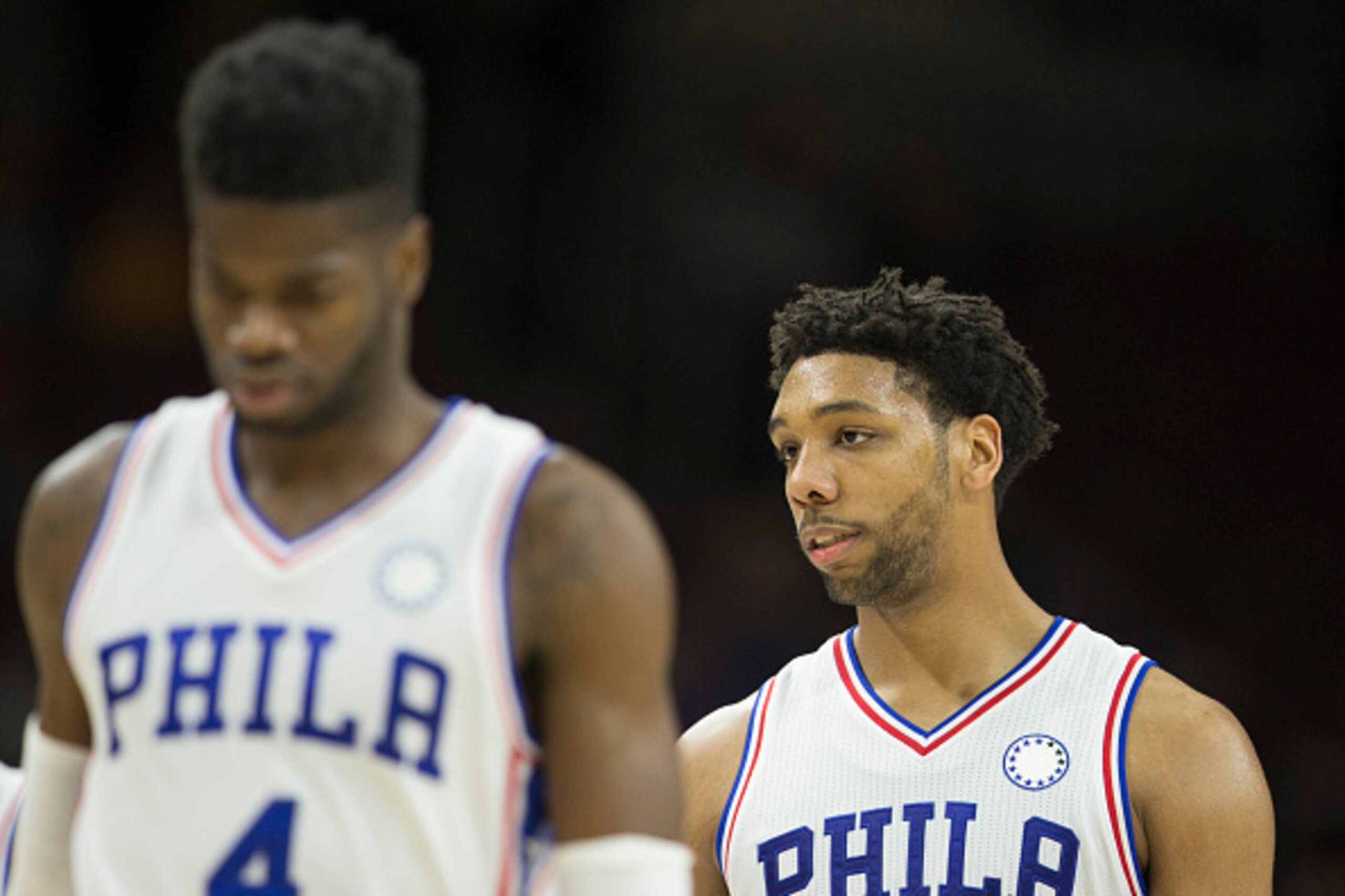 PHILADELPHIA, PA - NOVEMBER 18: Nerlens Noel #4 and Jahlil Okafor #8 of the Philadelphia 76ers walk the court after a turnover in the game against the Indiana Pacers on November 18, 2015 at the Wells Fargo Center in Philadelphia, Pennsylvania. NOTE TO USE