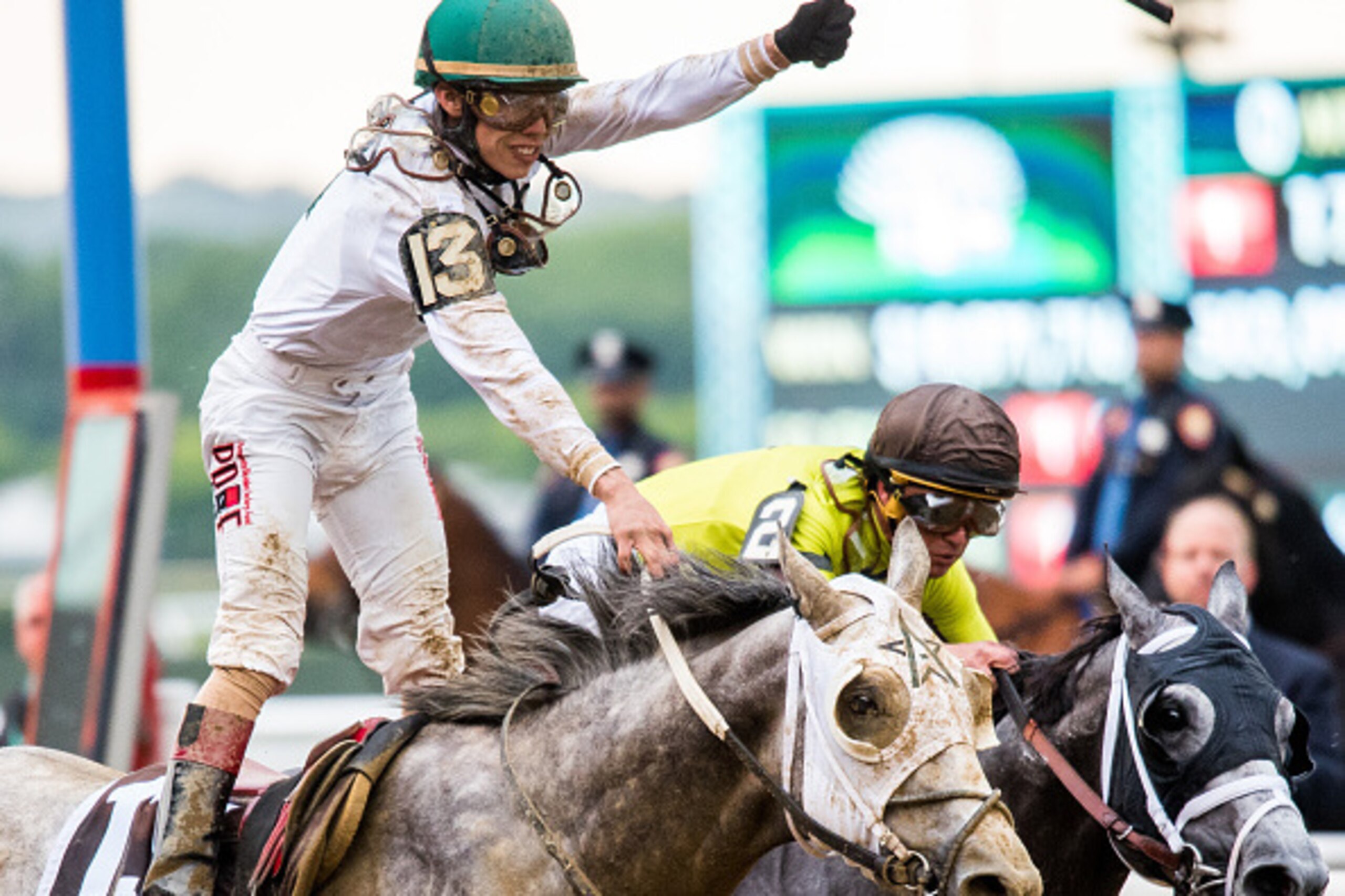 ELMONT, NY - JUNE 11: Irad Ortiz Jr., aboard Creator #13, celebrates winning the Belmont Stakes on Belmont Stakes Day on June 11, 2016 in Elmont, New York. (Photo by Dan Heary/Eclipse Sportswire/Getty Images)