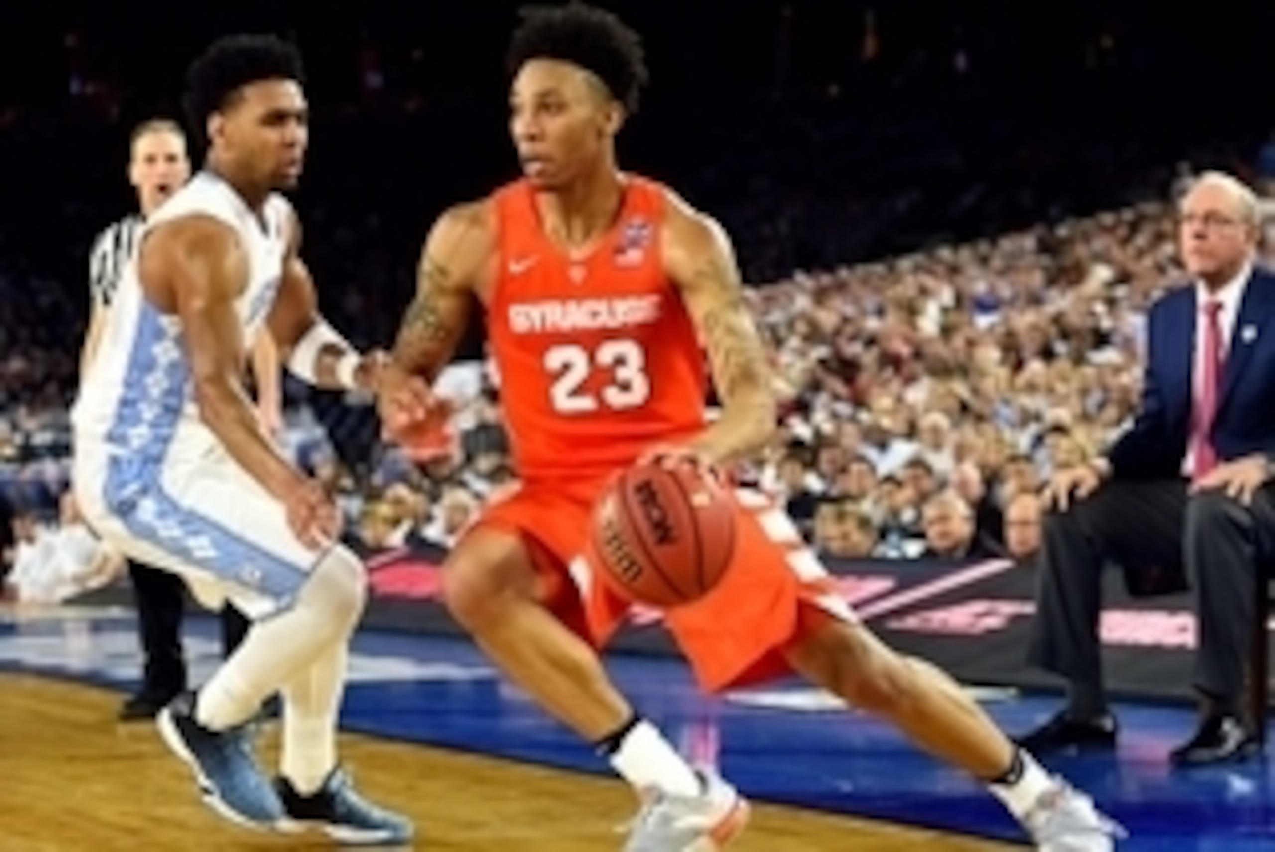 Apr 2, 2016; Houston, TX, USA; Syracuse Orange guard Malachi Richardson (23) drives to the basket against North Carolina Tar Heels guard Joel Berry II (2) during the second half in the 2016 NCAA Men's Division I Championship semi-final game at NRG Stadium