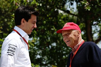 SHANGHAI, CHINA - APRIL 17:  Mercedes GP Executive Director Toto Wolff talks with Mercedes GP non-executive chairman Niki Lauda in the Paddock ahead of the Formula One Grand Prix of China at Shanghai International Circuit on April 17, 2016 in Shanghai, Ch
