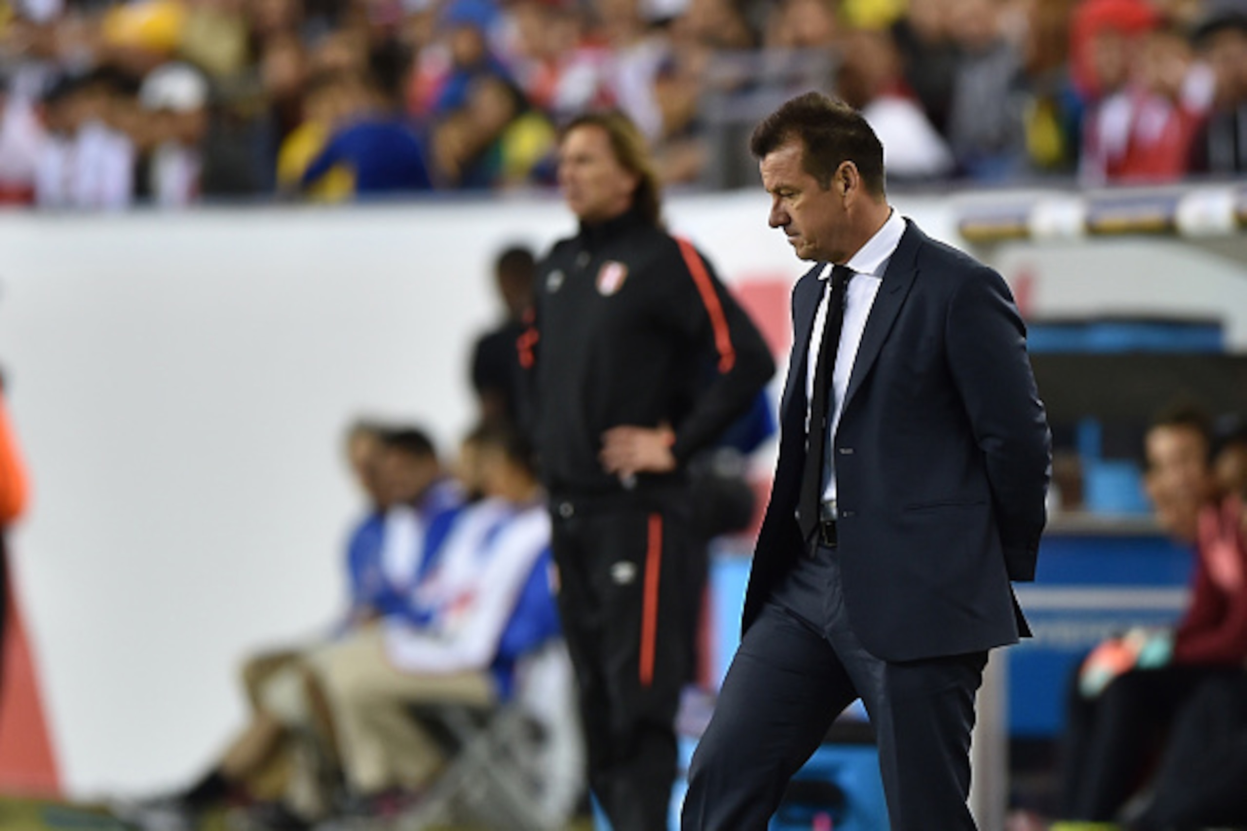Brazil's coach Dunga is pictured during the Copa America Centenario football tournament match against Peru in Foxborough, Massachusetts, United States, on June 12, 2016.  / AFP / HECTOR RETAMAL        (Photo credit should read HECTOR RETAMAL/AFP/Getty Ima