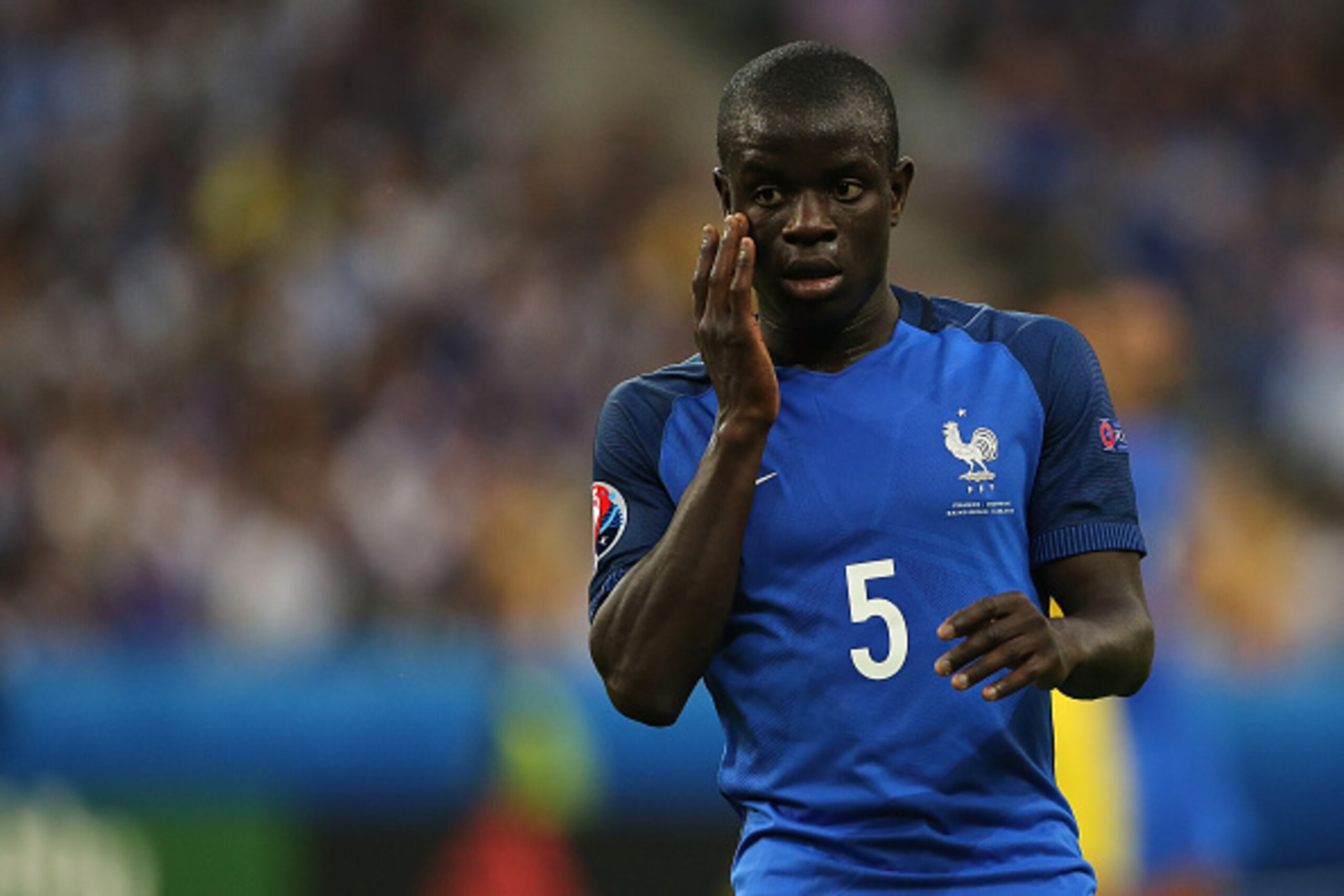 PARIS, FRANCE - JUNE 10:  N'Golo Kante of France looks on during the UEFA EURO 2016 Group A match between France and Romania at Stade de France on June 10, 2016 in Paris, France.  (Photo by Matthew Ashton - AMA/Getty Images)
