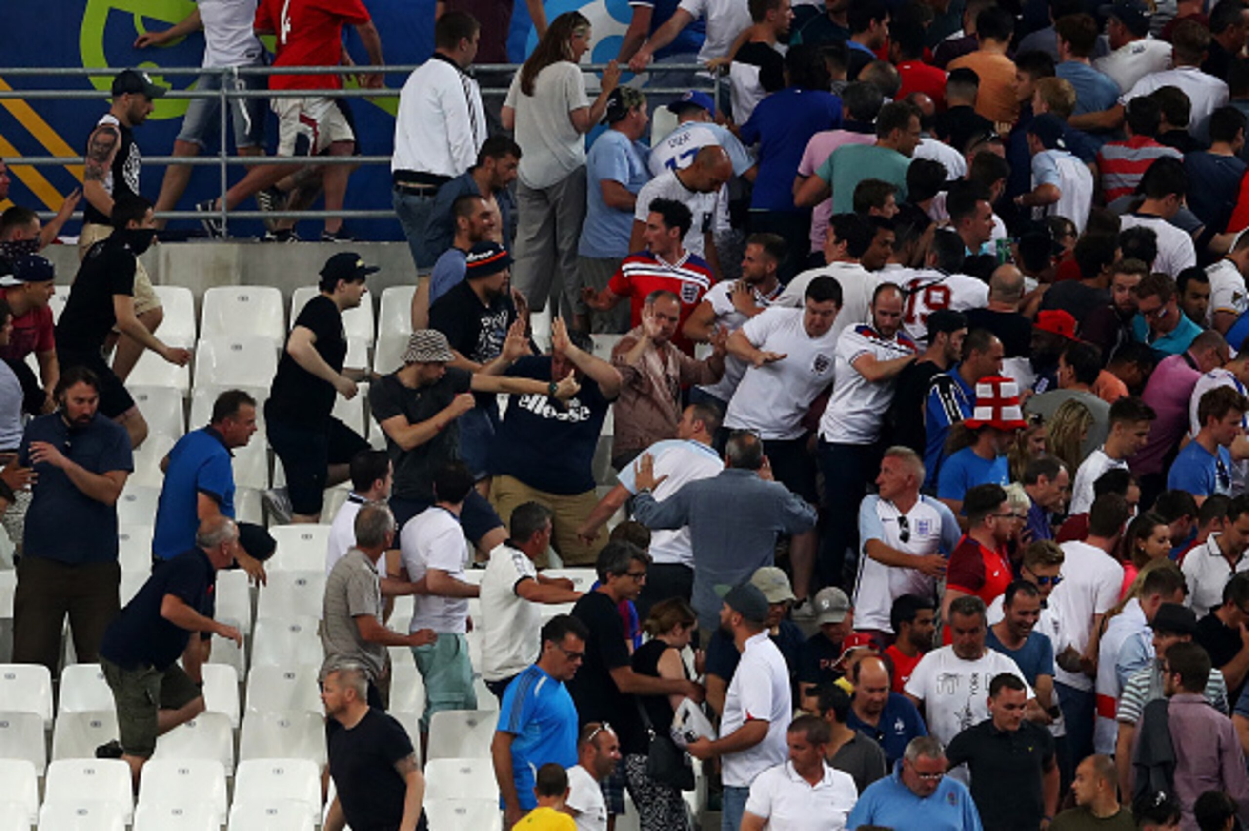 MARSEILLE, FRANCE - JUNE 11:  Fans clash after the UEFA EURO 2016 Group B match between England and Russia at Stade Velodrome on June 11, 2016 in Marseille, France.  (Photo by Lars Baron/Getty Images)