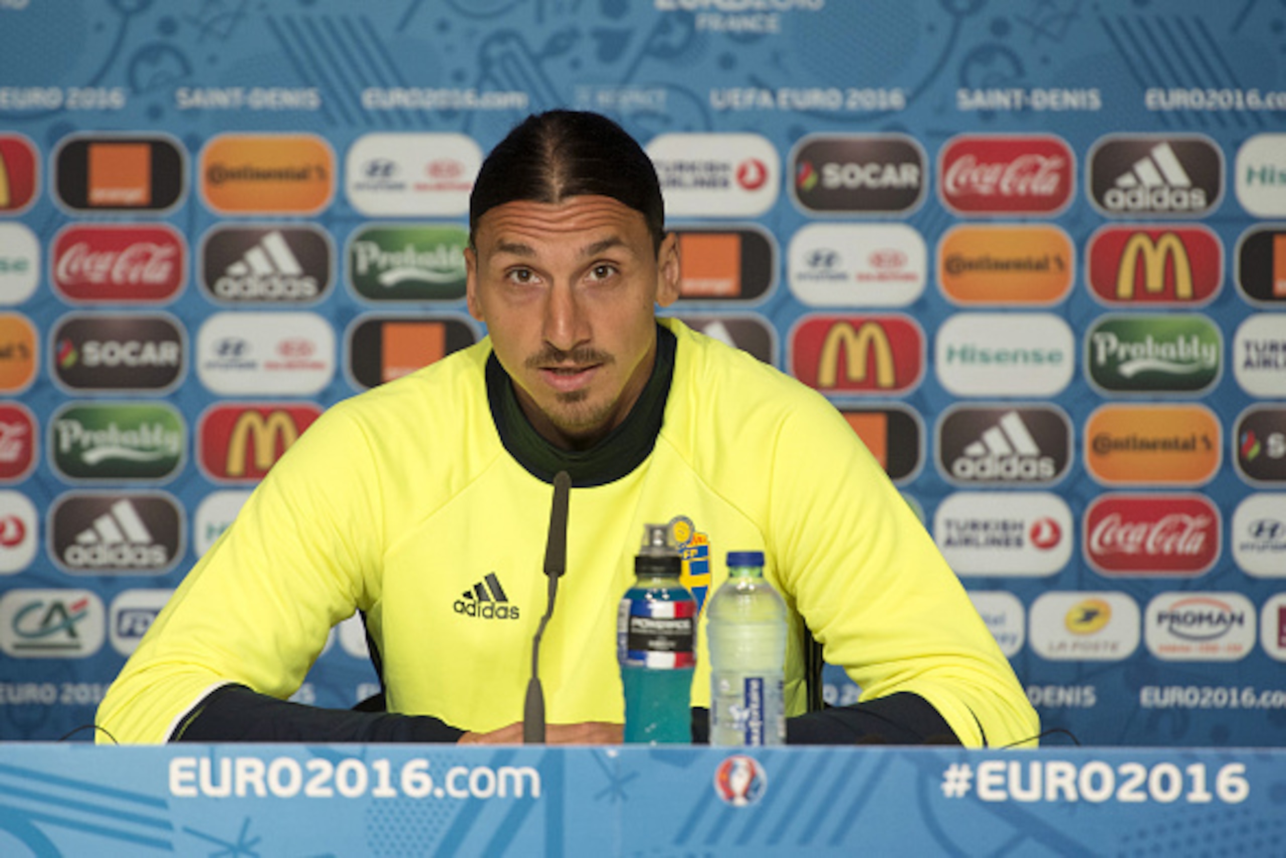 PARIS, FRANCE - JUNE 12:  In this handout image provided by UEFA, Captain of Sweden Zlatan Ibrahimovic addresses the press on June 12, 2016 in Paris, France. (Photo by Handout/UEFA via Getty Images)