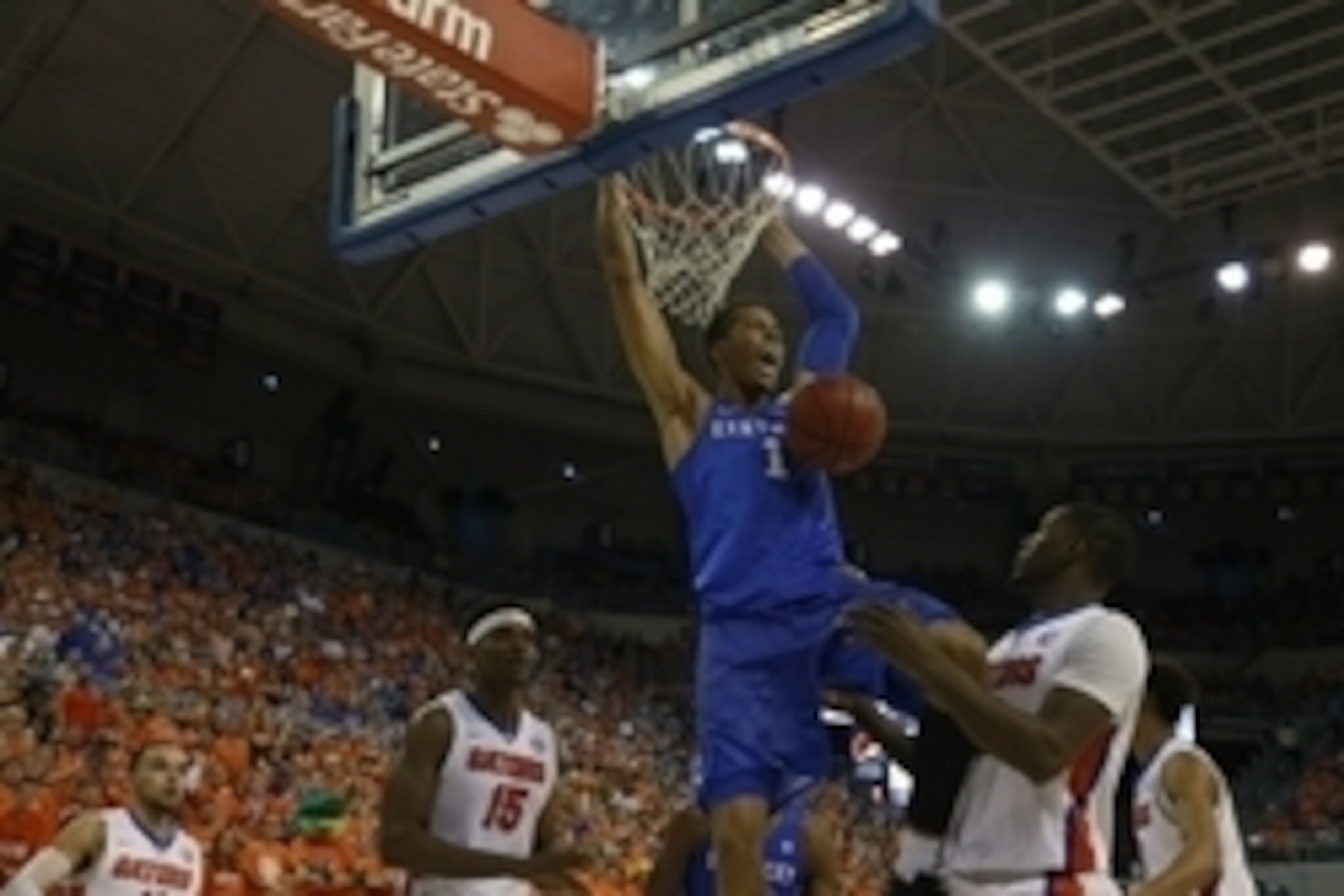 Mar 1, 2016; Gainesville, FL, USA; Kentucky Wildcats forward Skal Labissiere (1) dunks against the Florida Gators during the second half at Stephen C. O'Connell Center. Kentucky Wildcats defeated the Florida Gators 88-79. Mandatory Credit: Kim Klement-USA