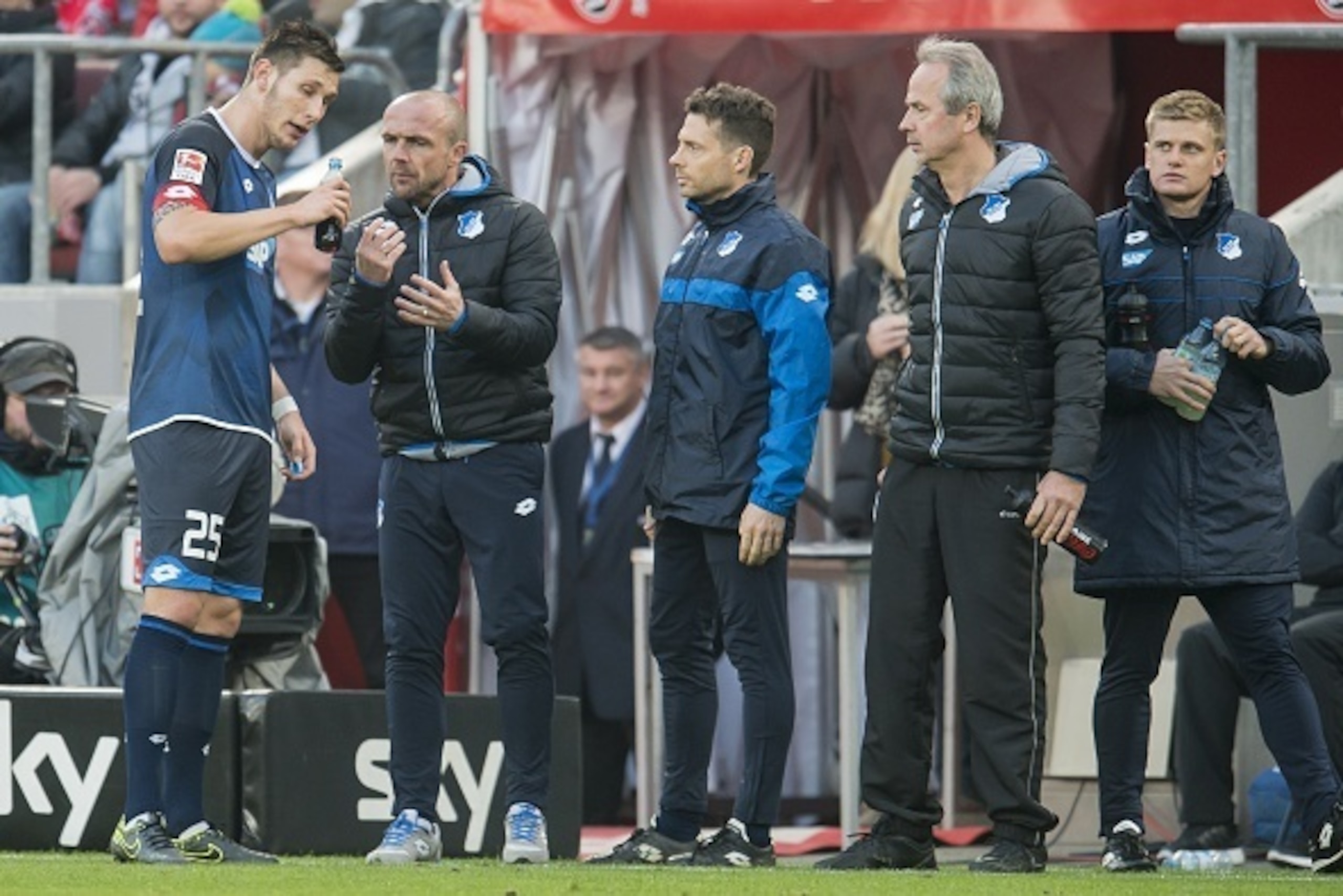 assistent trainer Alfred Schleuder of TSG 1899 Hoffenheim give instructions to Niklas Sule of TSG 1899 Hoffenheim during the Bundesliga match between 1.FC Köln and TSG 1899 Hoffenheim on October 31, 2015 at RheinEnergieStadion in Keulen, Germany.(Photo by