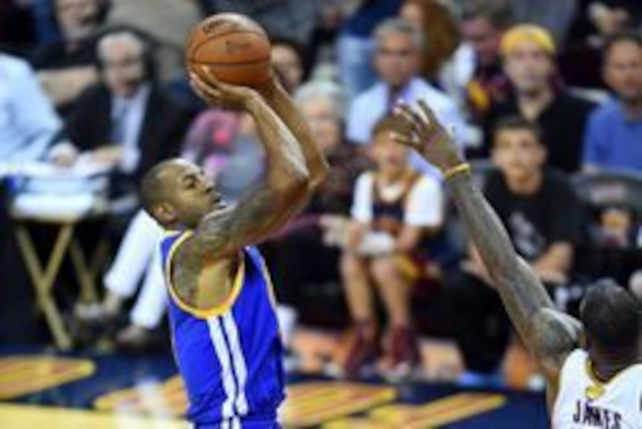 Jun 10, 2016; Cleveland, OH, USA; Golden State Warriors forward Andre Iguodala (9) shoots the ball against Cleveland Cavaliers forward LeBron James (23) during the fourth quarter in game four of the NBA Finals at Quicken Loans Arena. Mandatory Credit: Bob Jun 10, 2016; Cleveland, OH, USA; Golden State Warriors forward Andre Iguodala (9) shoots the ball against Cleveland Cavaliers forward LeBron James (23) during the fourth quarter in game four of the NBA Finals at Quicken Loans Arena. Mandatory Credit: Bob