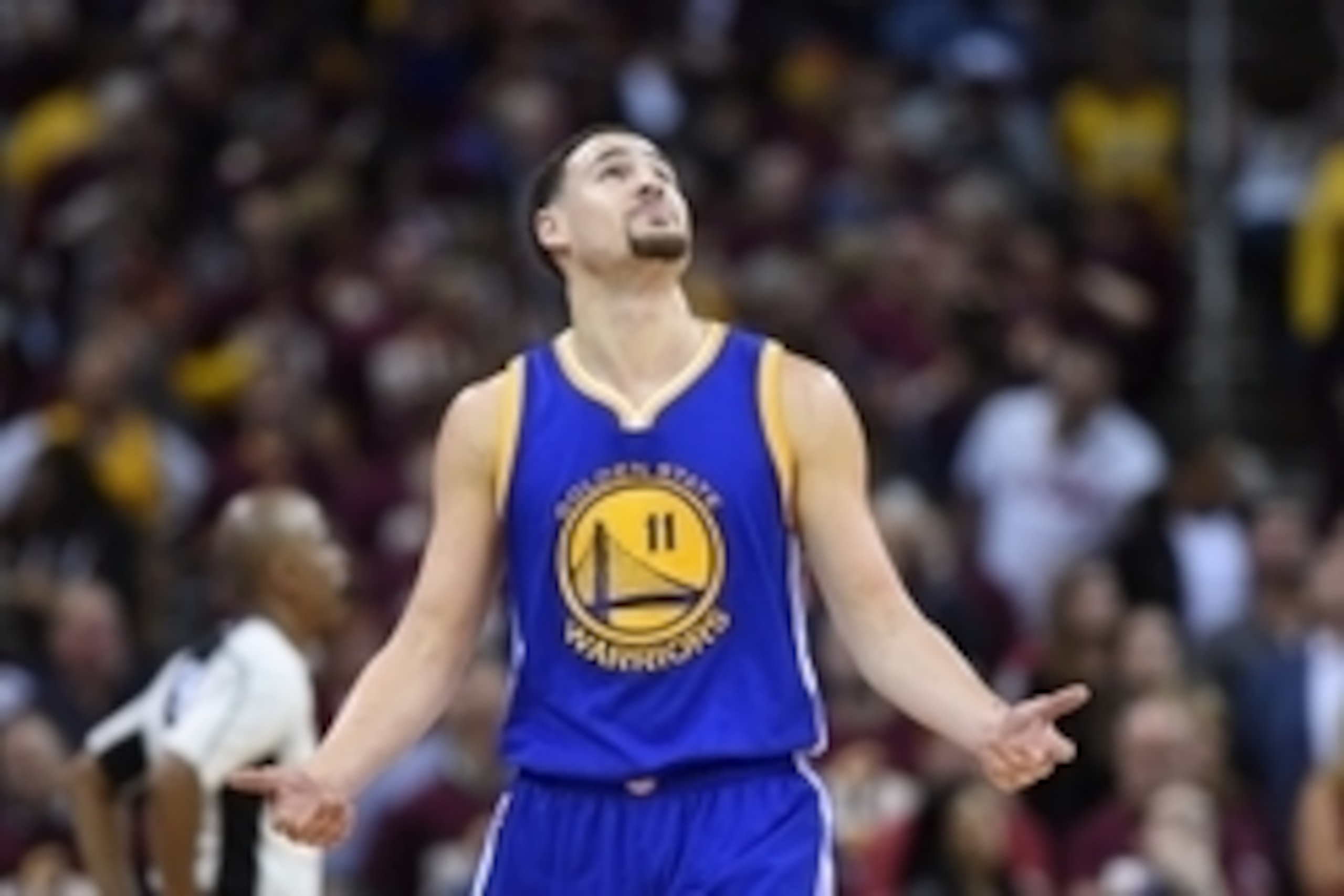 Jun 8, 2016; Cleveland, OH, USA; Golden State Warriors guard Klay Thompson (11) reacts on the court during the second quarter in game three of the NBA Finals against the Cleveland Cavaliers at Quicken Loans Arena. Mandatory Credit: Ken Blaze-USA TODAY Spo Jun 8, 2016; Cleveland, OH, USA; Golden State Warriors guard Klay Thompson (11) reacts on the court during the second quarter in game three of the NBA Finals against the Cleveland Cavaliers at Quicken Loans Arena. Mandatory Credit: Ken Blaze-USA TODAY Spo