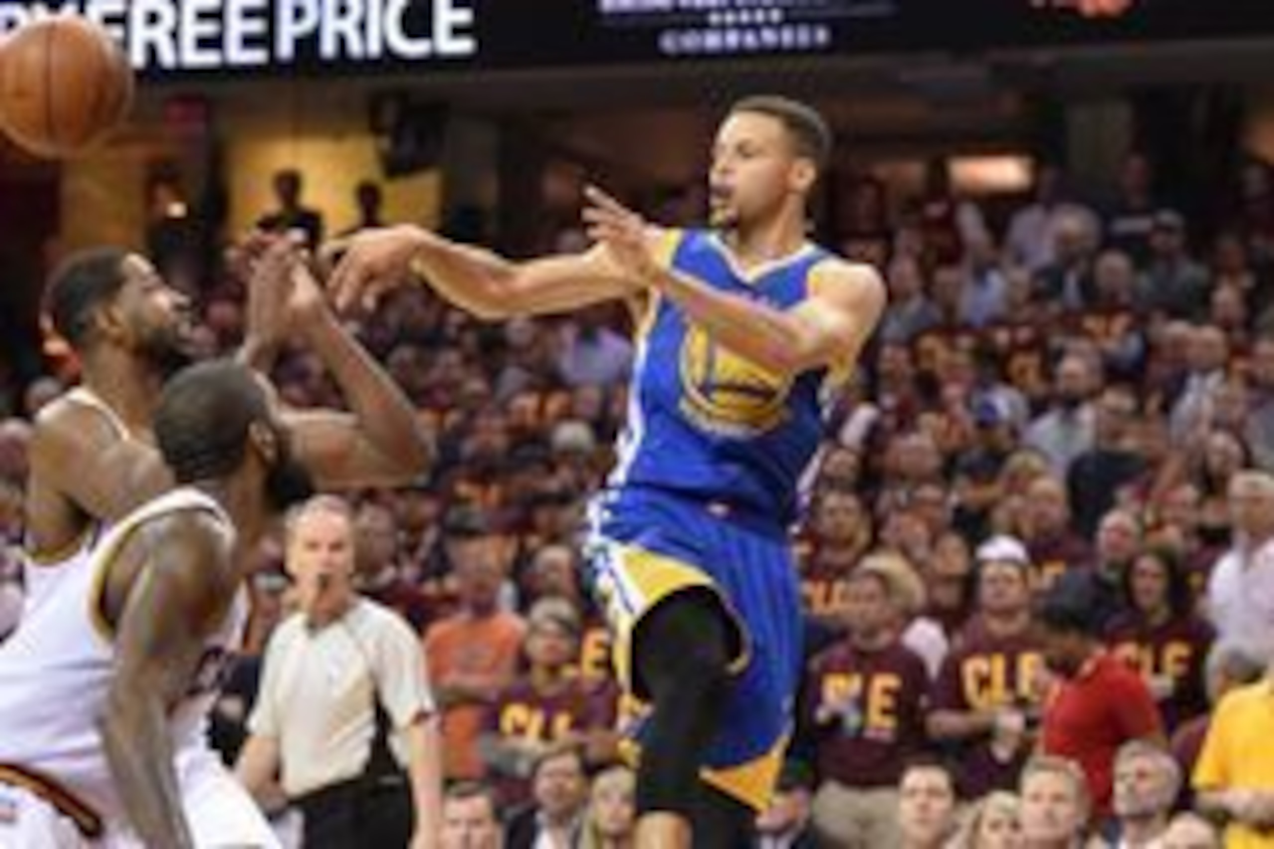 Jun 10, 2016; Cleveland, OH, USA; Golden State Warriors guard Stephen Curry (30) passes the ball over Cleveland Cavaliers center Tristan Thompson (13) and guard Kyrie Irving (2) during the first quarter in game four of the NBA Finals at Quicken Loans Aren Jun 10, 2016; Cleveland, OH, USA; Golden State Warriors guard Stephen Curry (30) passes the ball over Cleveland Cavaliers center Tristan Thompson (13) and guard Kyrie Irving (2) during the first quarter in game four of the NBA Finals at Quicken Loans Aren