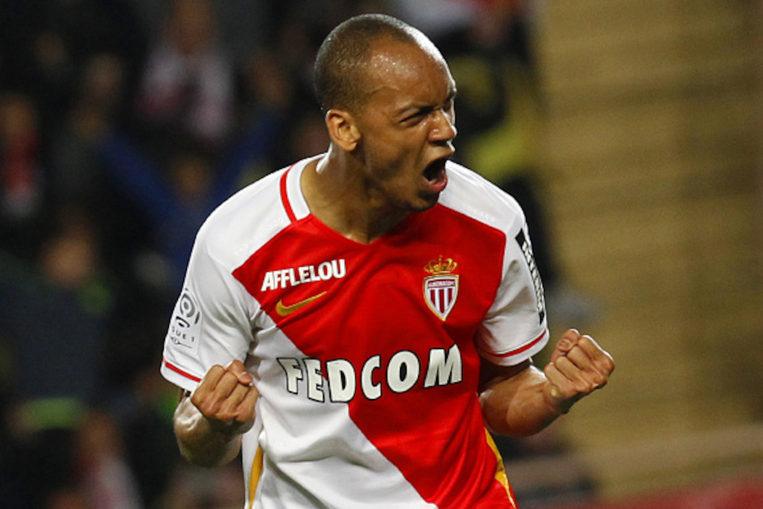 Monaco's Brazilian defender Fabinho celebrates after scoring a penalty during the French L1 football match Monaco (ASM) vs Montpellier (MHSC) on May 14, 2016, at the Louis II stadium in Monaco. AFP PHOTO / JEAN CHRISTOPHE MAGNENET / AFP / JEAN CHRISTOPHE 