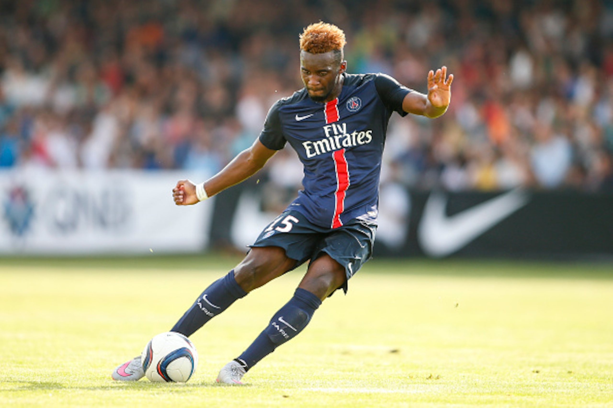 VIENNA, AUSTRIA - JULY 12:  Jean-Christophe Bahebeck of Paris Saint-Germain controls the ball during the Friendly Match between Wiener Sportklub and Paris Saint-Germain at Sportclub Platz on July 12, 2015 in Vienna, Austria.  (Photo by Christian Hofer/Get