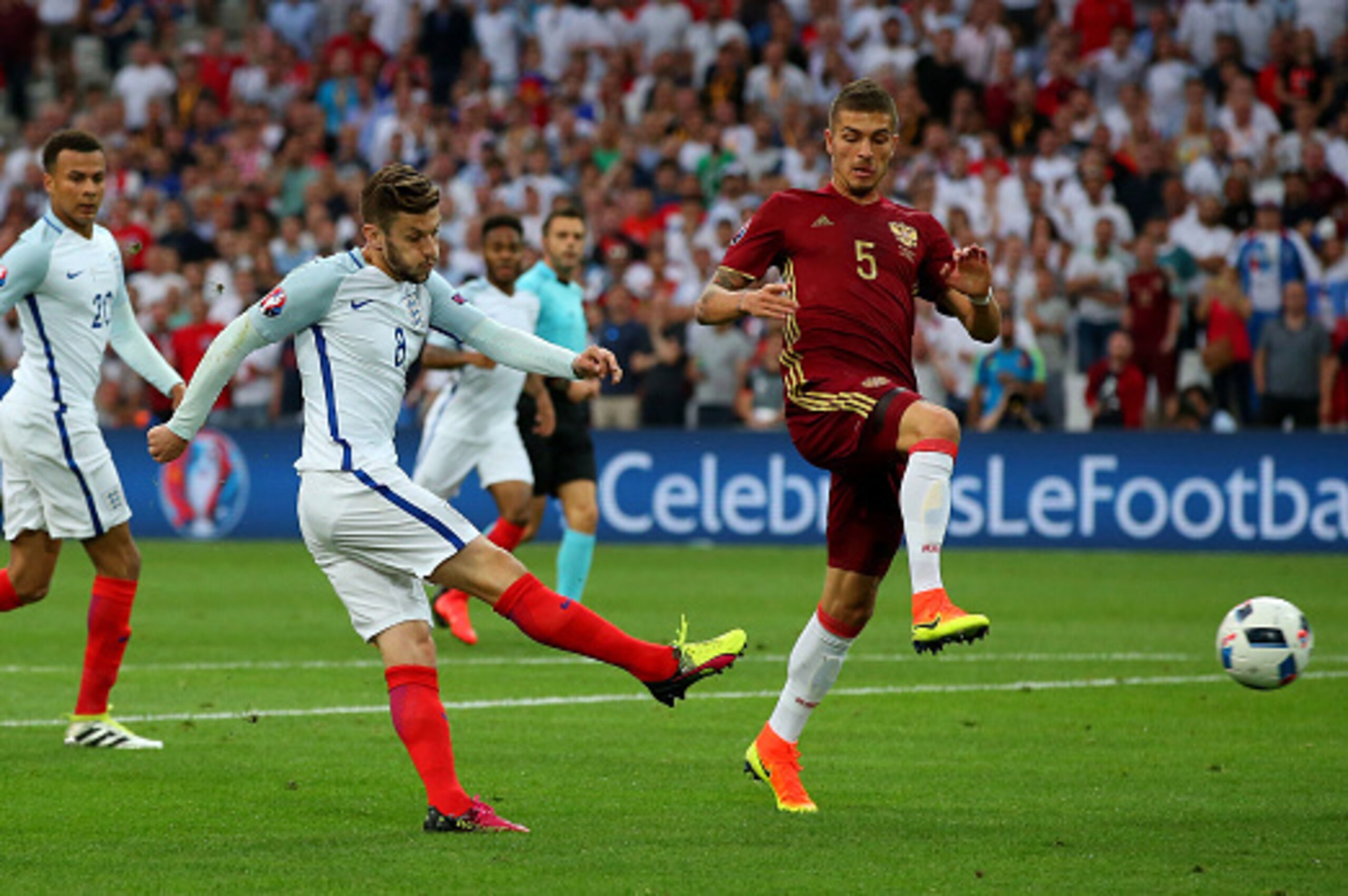 MARSEILLE, FRANCE - JUNE 11: Adam Lallana of England shoots at goal during the UEFA EURO 2016 Group B match between England and Russia at Stade Velodrome on June 11, 2016 in Marseille, France.  (Photo by Alex Livesey/Getty Images)